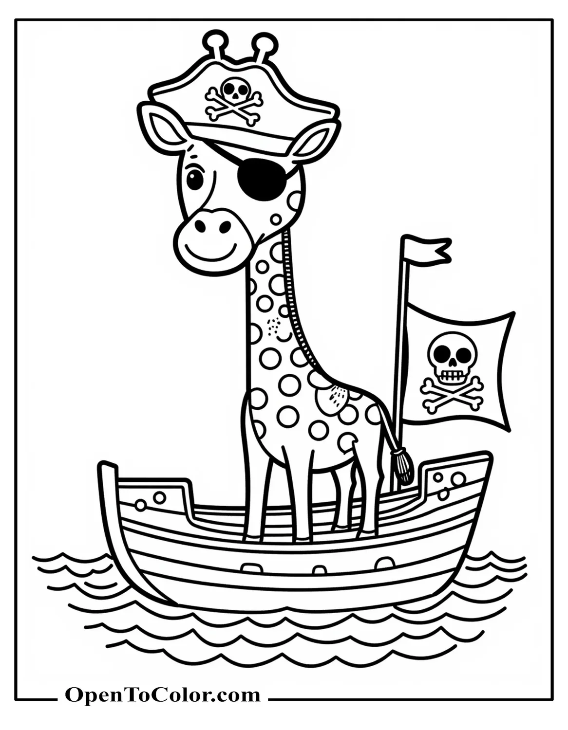 Giraffe Wearing A Pirate Hat And Eye Patch Standing On A Ship Deck, Simple Ocean Waves And A Flag With Skull Symbol, Coloring Sheet PDF