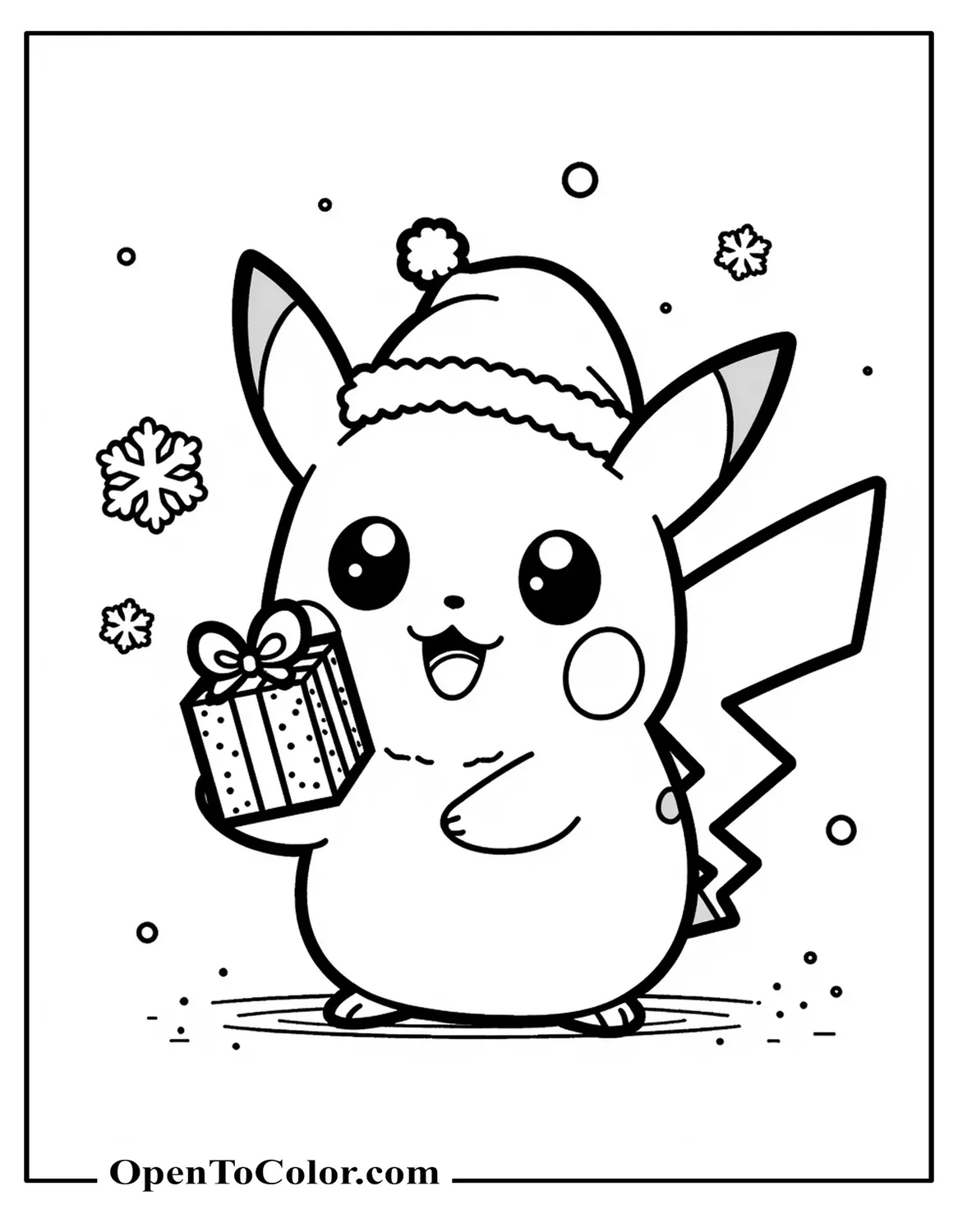 Printable Coloring Sheet of Pikachu in a Santa Hat Holding a Tiny Gift, Snowflakes Falling, Kawaii Style