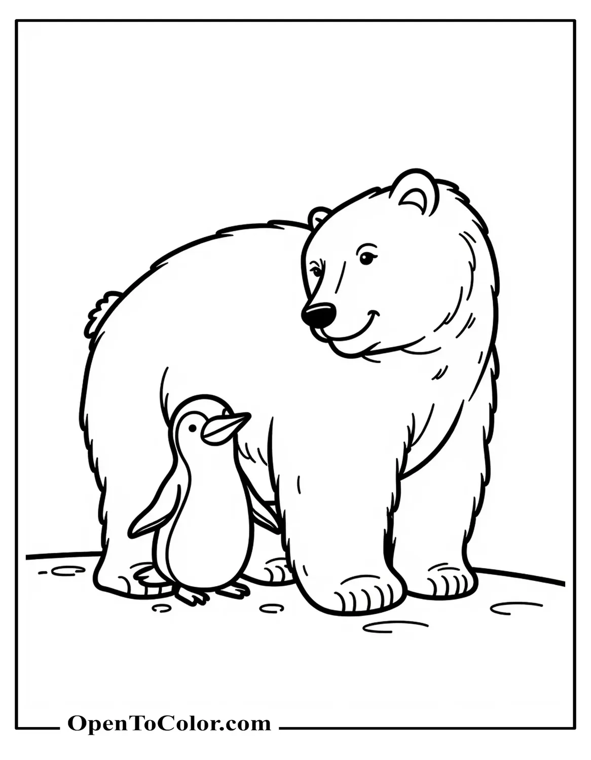Polar Bear and Penguin Coloring Page PDF Showing Both Animals on Snow