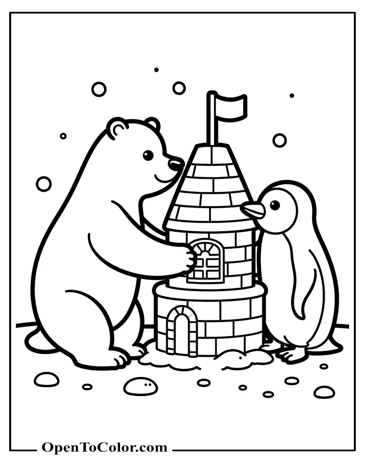 Polar Bear and Penguin Making a Snow Castle Together Coloring Sheet Printable