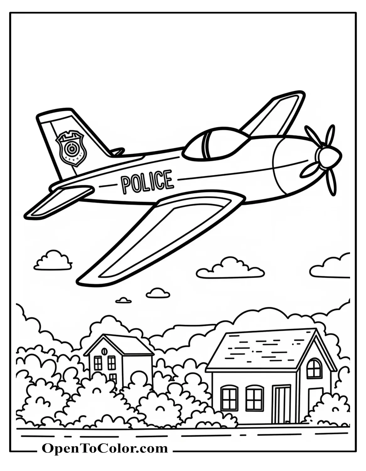 Coloring page PDF of police airplane with badge symbol on tail circling above a small town