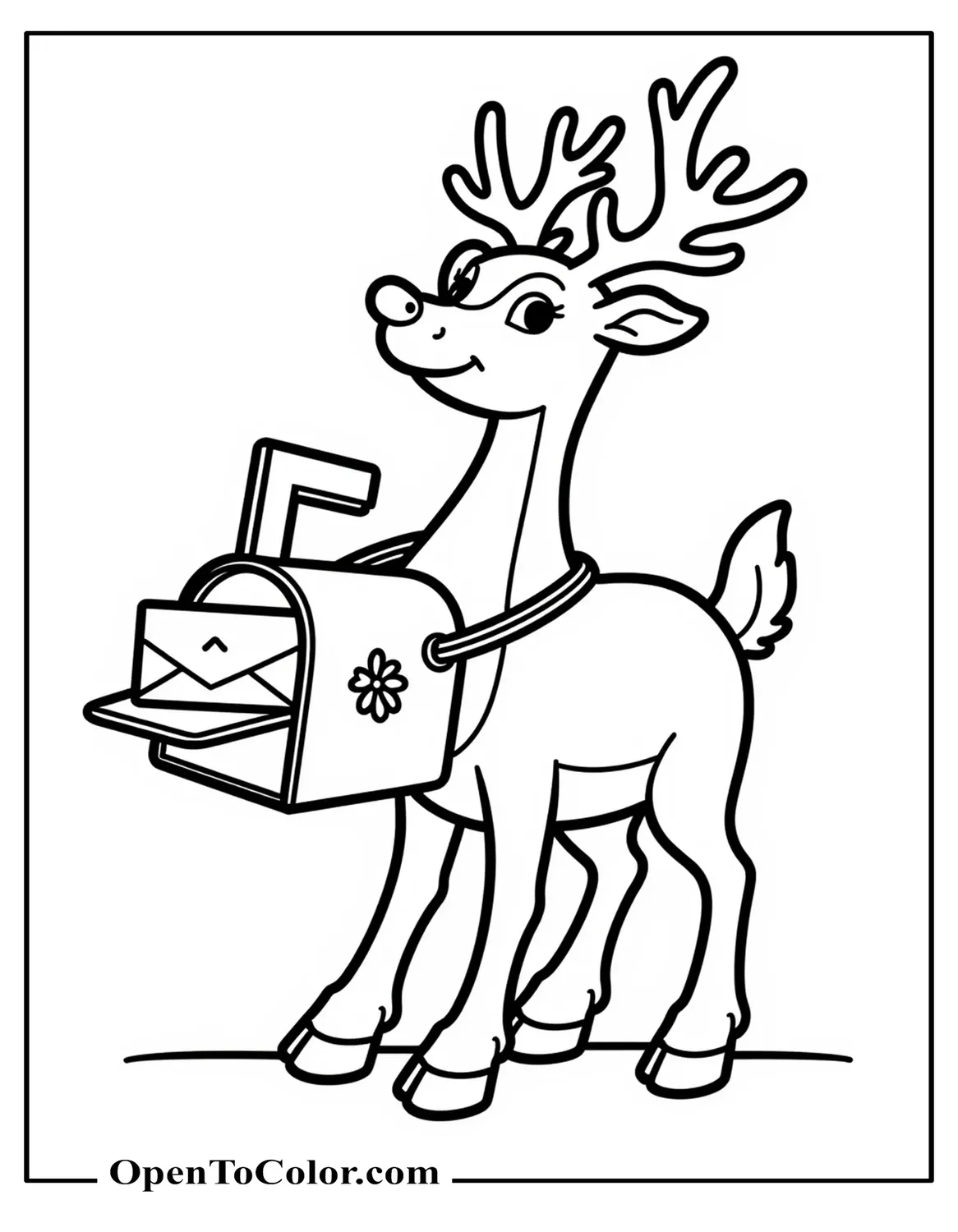 Free Reindeer Coloring Sheet Wearing a Mailbox Carrier Bag, Placing a Letter in Slot