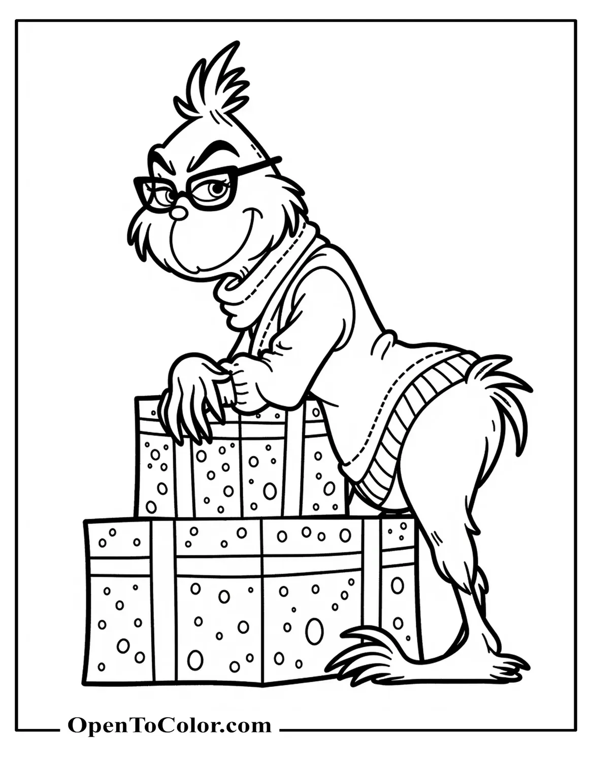 Preppy Grinch Wearing A Sweater Vest, Scarf, And Glasses, Leaning On A Stack Of Wrapped Gifts, Printable Coloring Sheet