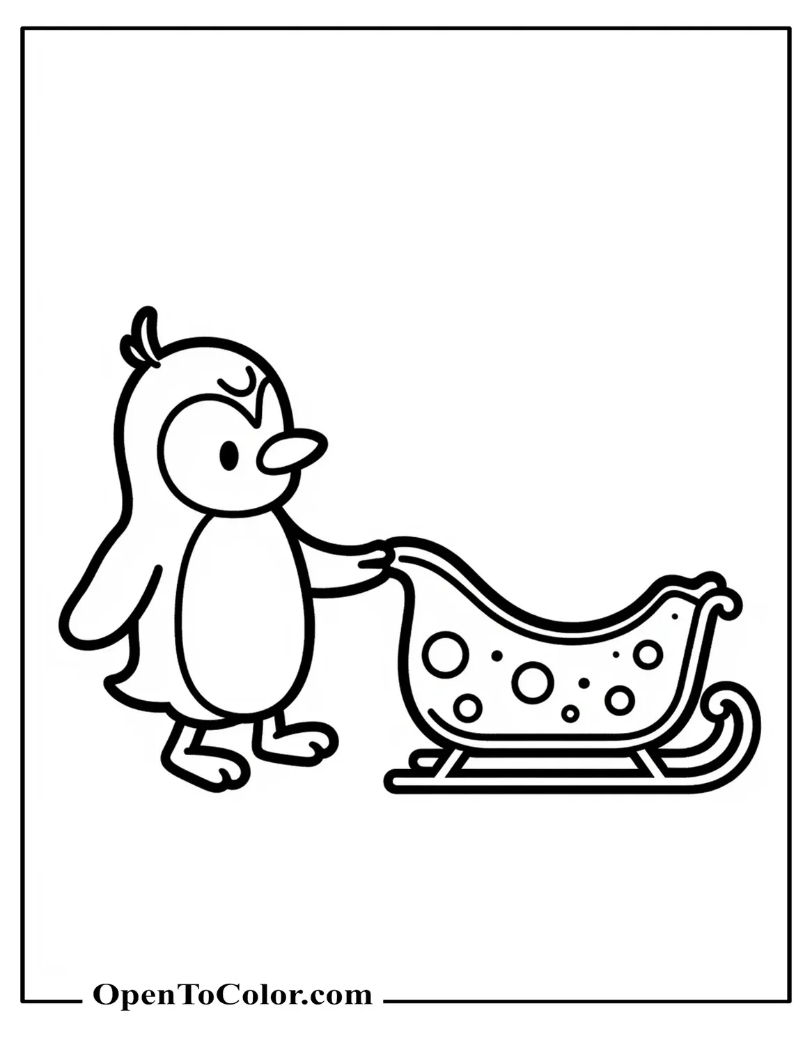 Free Preschool Penguin Coloring Page Pushing a Toy Sled with Simple Shapes