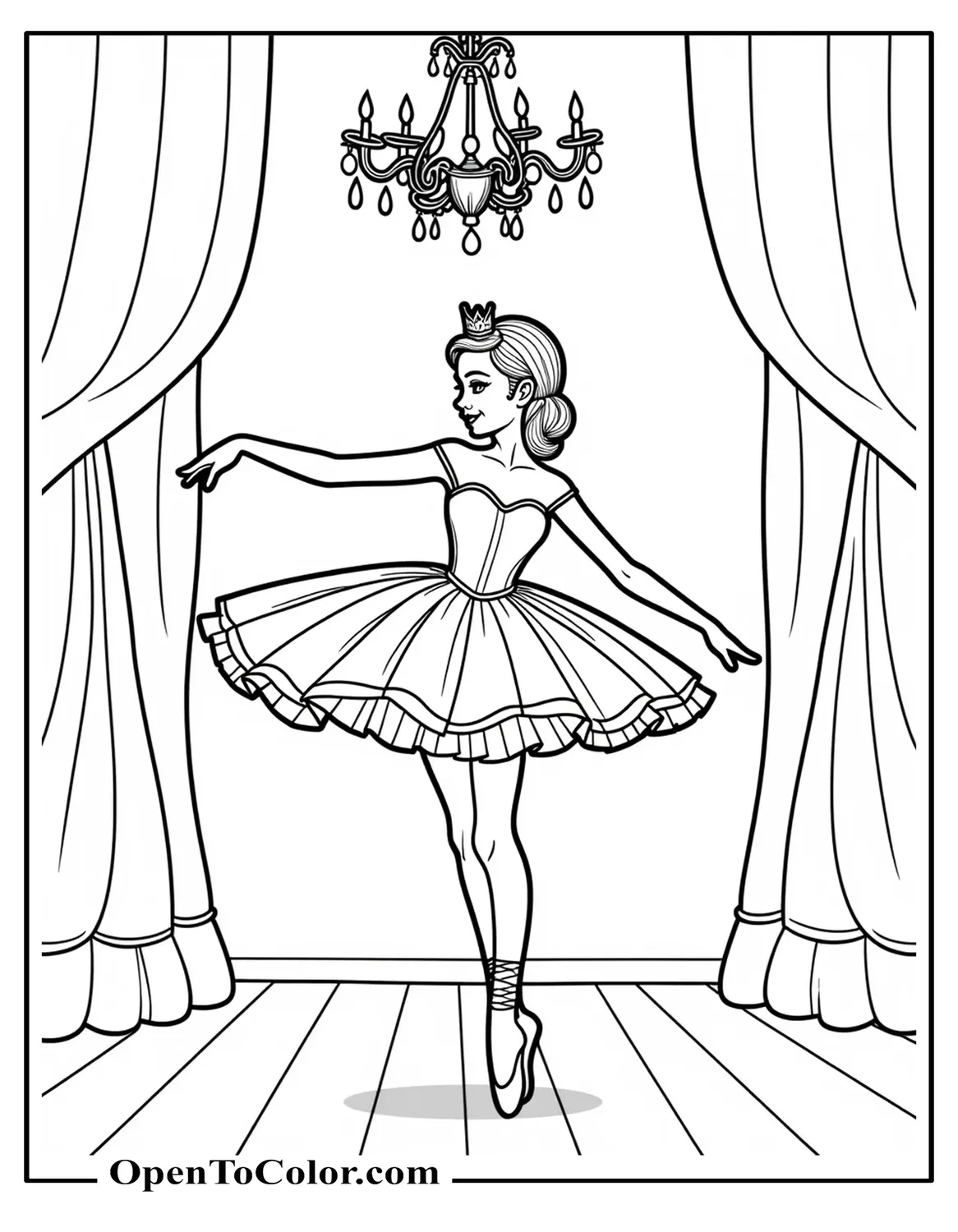 Free Coloring Sheet of a Princess Ballerina with Crown and Layered Tutu Curtsying on a Ballroom Floor with a Chandelier Above