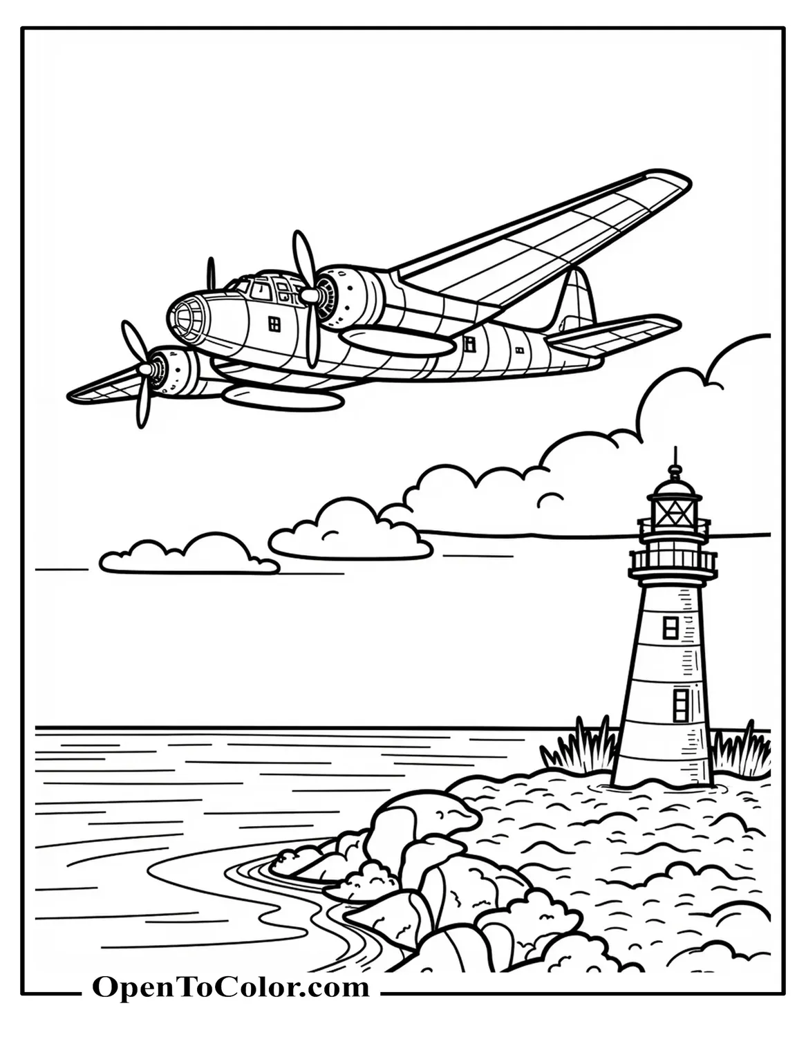 WW2 bomber with propellers flying over simple coastline with one lighthouse, printable coloring page.