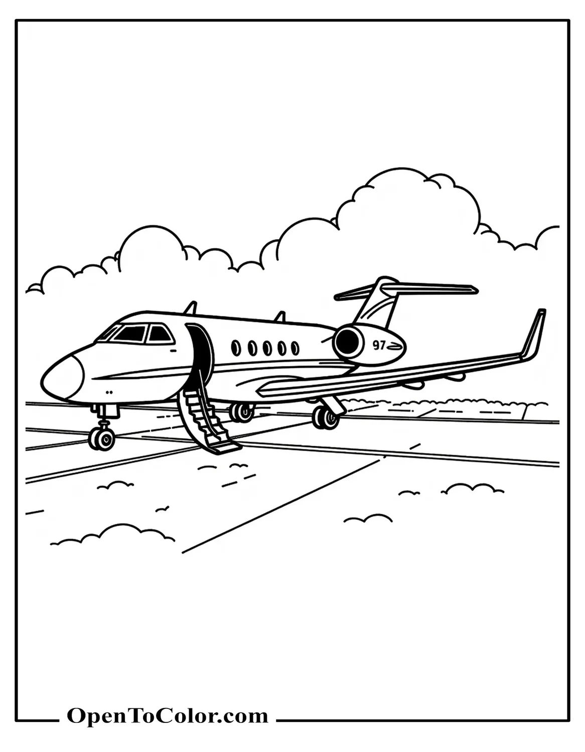 Coloring Sheet PDF of Sleek Private Jet Parked on Small Runway with Stairs Lowered