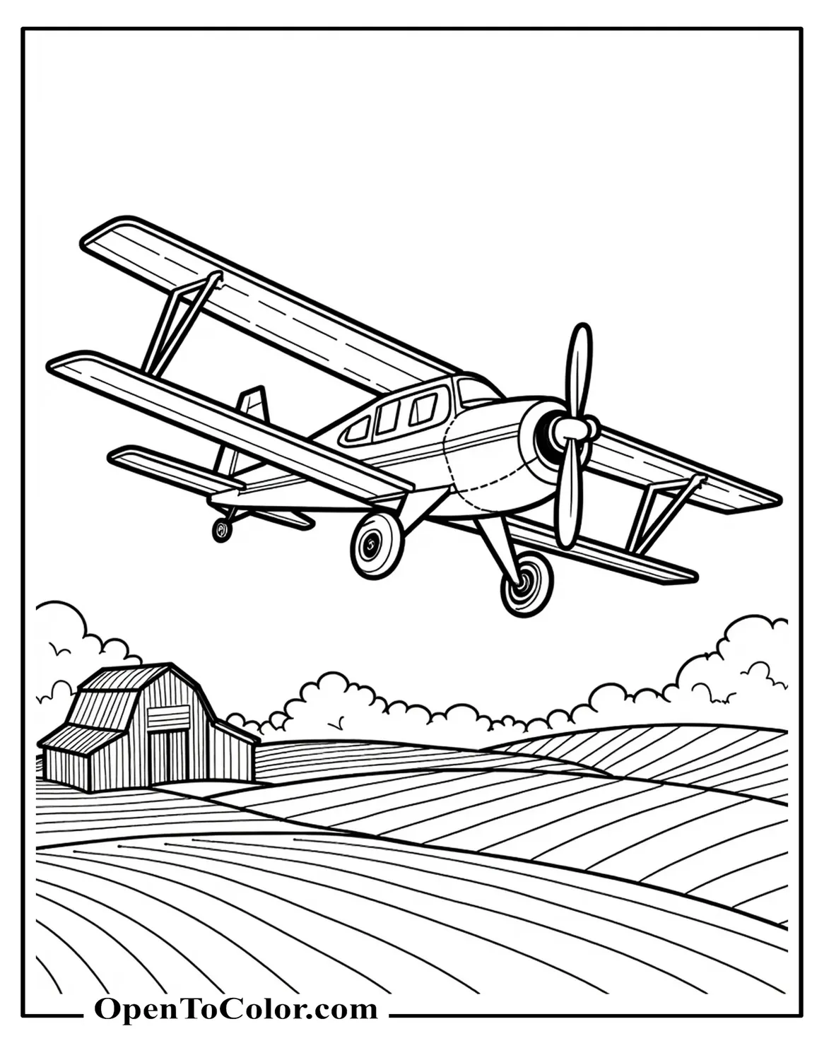 Printable Coloring Page of a Small Propeller Plane Flying Low Over Farm Fields With a Barn Below