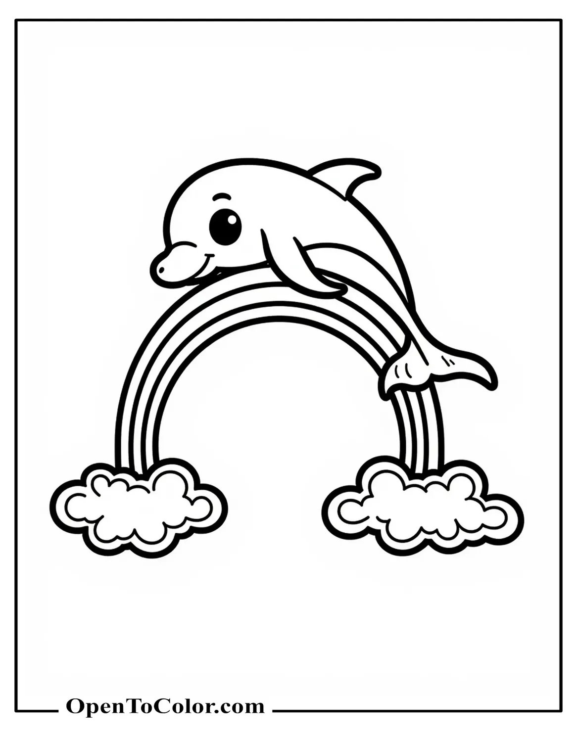 Cartoon Dolphin Sliding Down A Rainbow Arch With Fluffy Clouds At Both Ends Coloring Page PDF