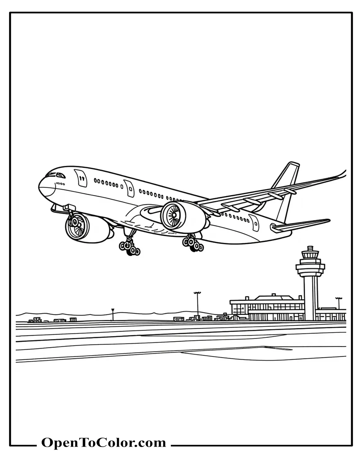 Realistic Passenger Airplane Side View Coloring Sheet PDF Taking Off From A Runway With An Airport Tower In The Distance
