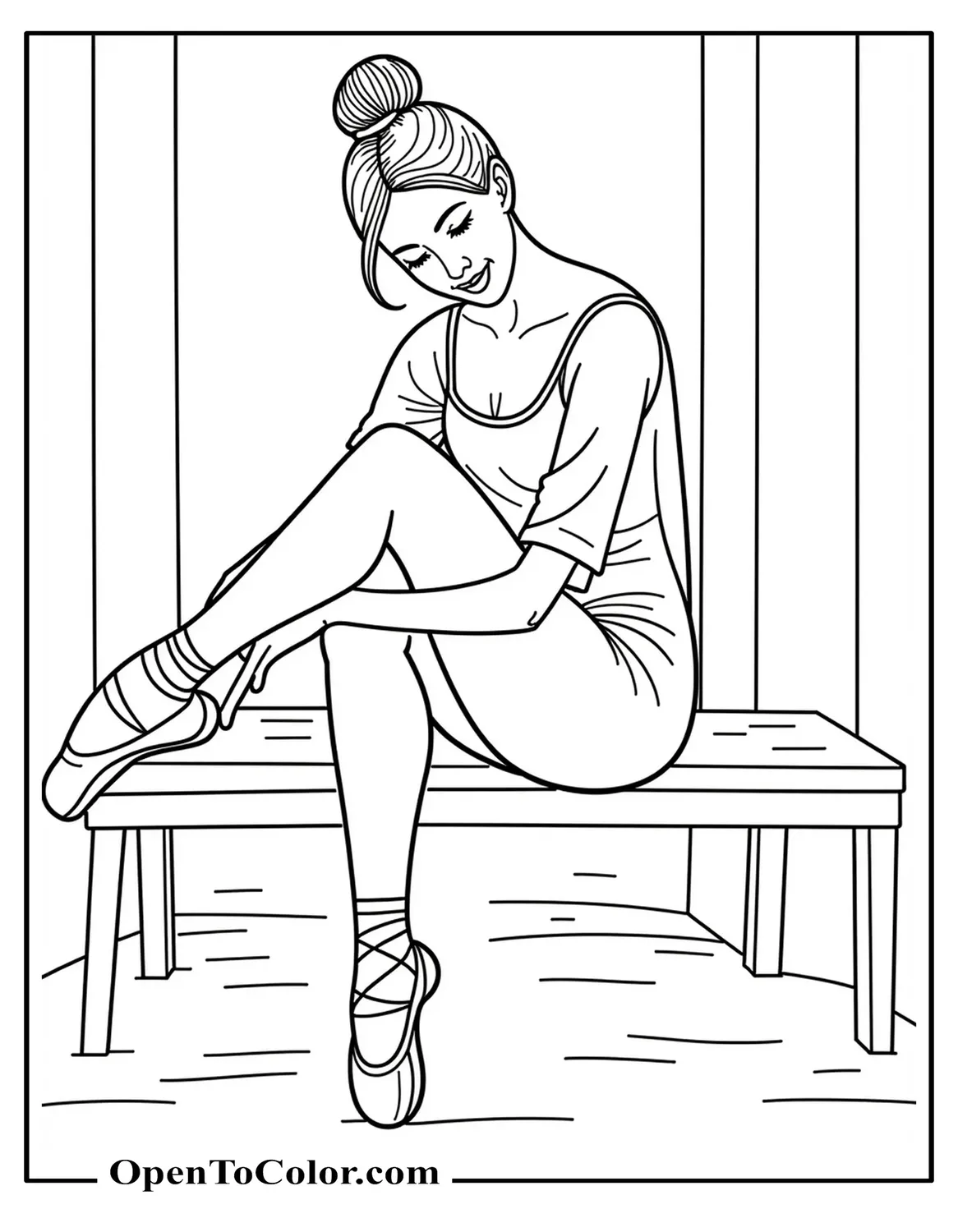 Free Coloring Page of a Highly Detailed Realistic Ballerina Adjusting Her Pointe Shoe While Sitting on a Bench in the Wings of a Theater