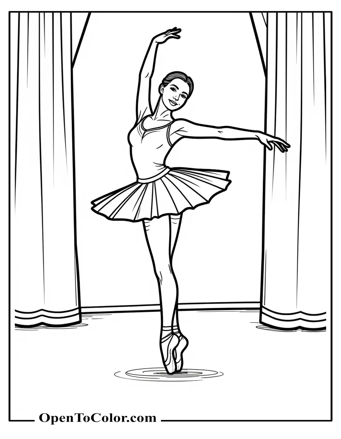 Realistic Ballerina Coloring Sheet In Mid-Pirouette On Stage, Detailed Tutu And Pointe Shoes With A Faint Curtain Behind Her, PDF