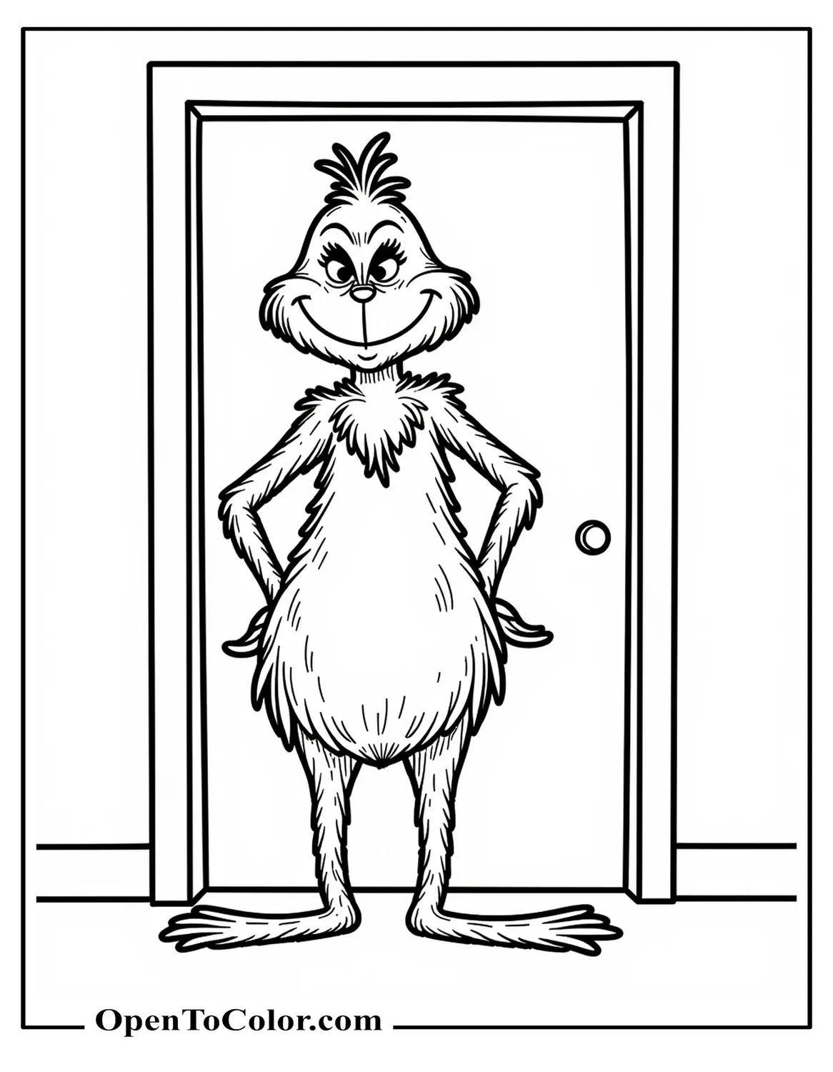 Free Realistic Grinch Coloring Page With Detailed Fur Texture And Wrinkles Standing In Front Of A Simple Doorway