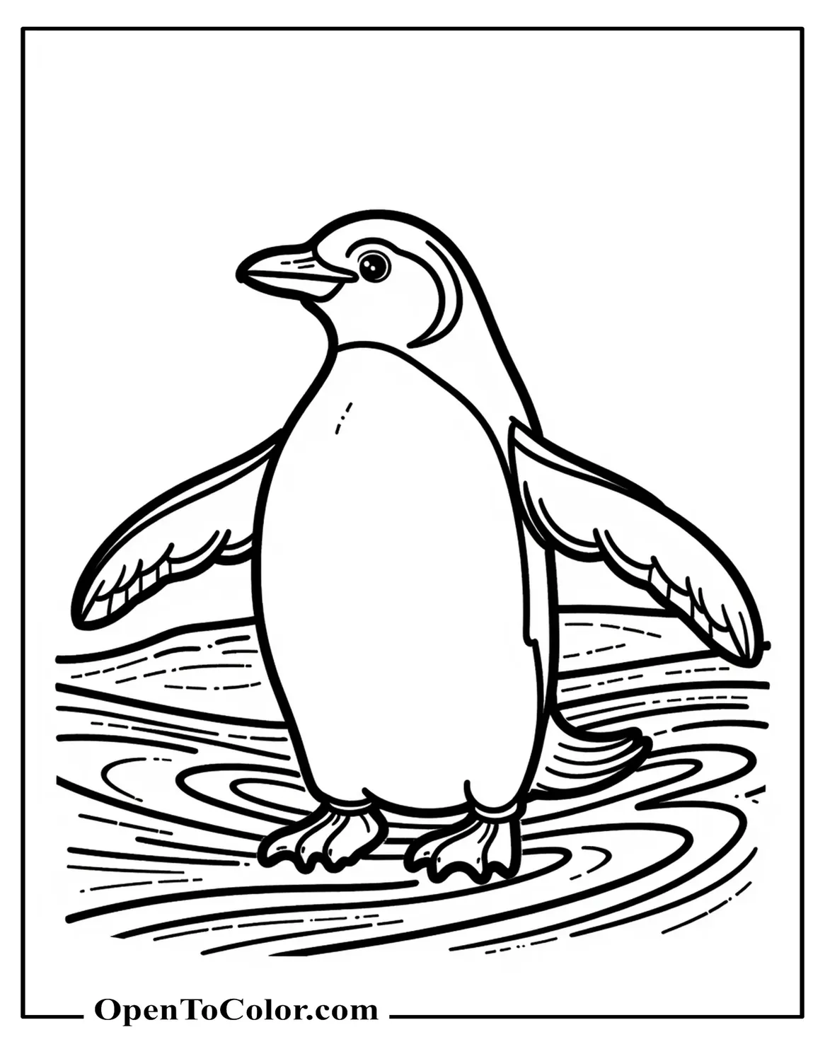 Realistic Penguin Coloring Sheet PDF with Detailed Feathers and Ocean Waves