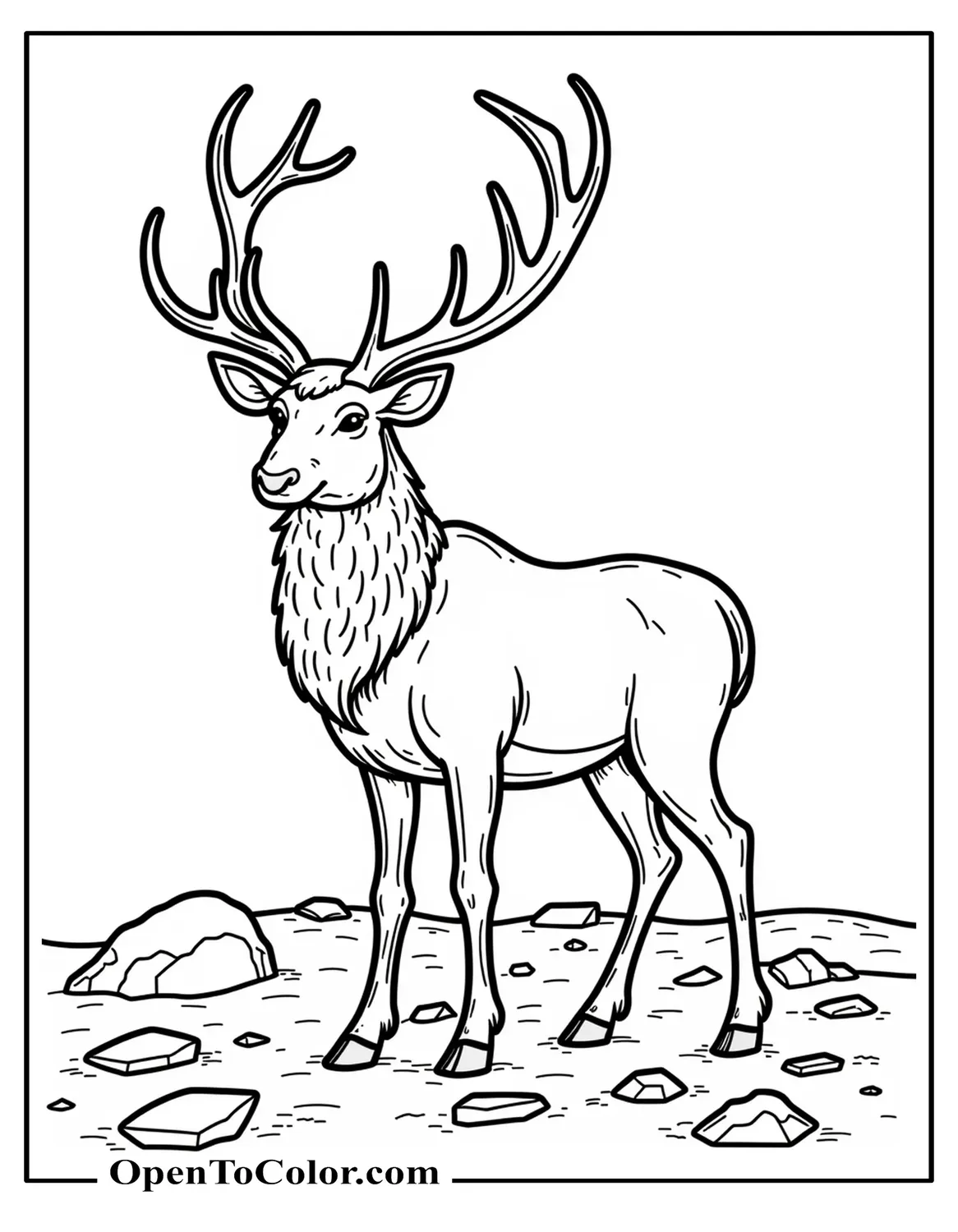 Realistic Reindeer Coloring Page PDF, Standing Three Quarter View, Detailed Fur And Antlers, Rocky Snow Ground