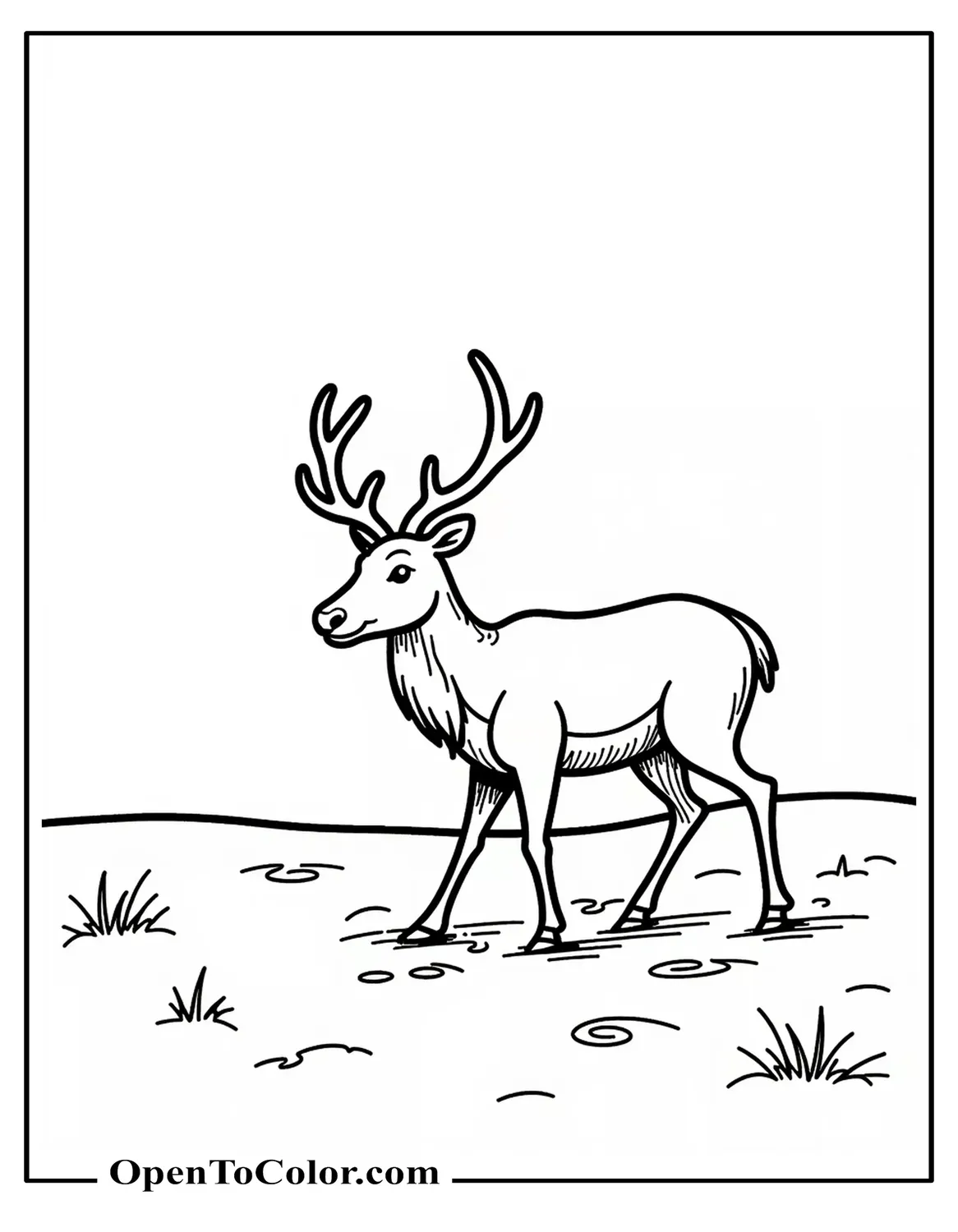 Realistic Reindeer Walking Through Shallow Snow, Printable Coloring Page, Hoof Prints Trailing