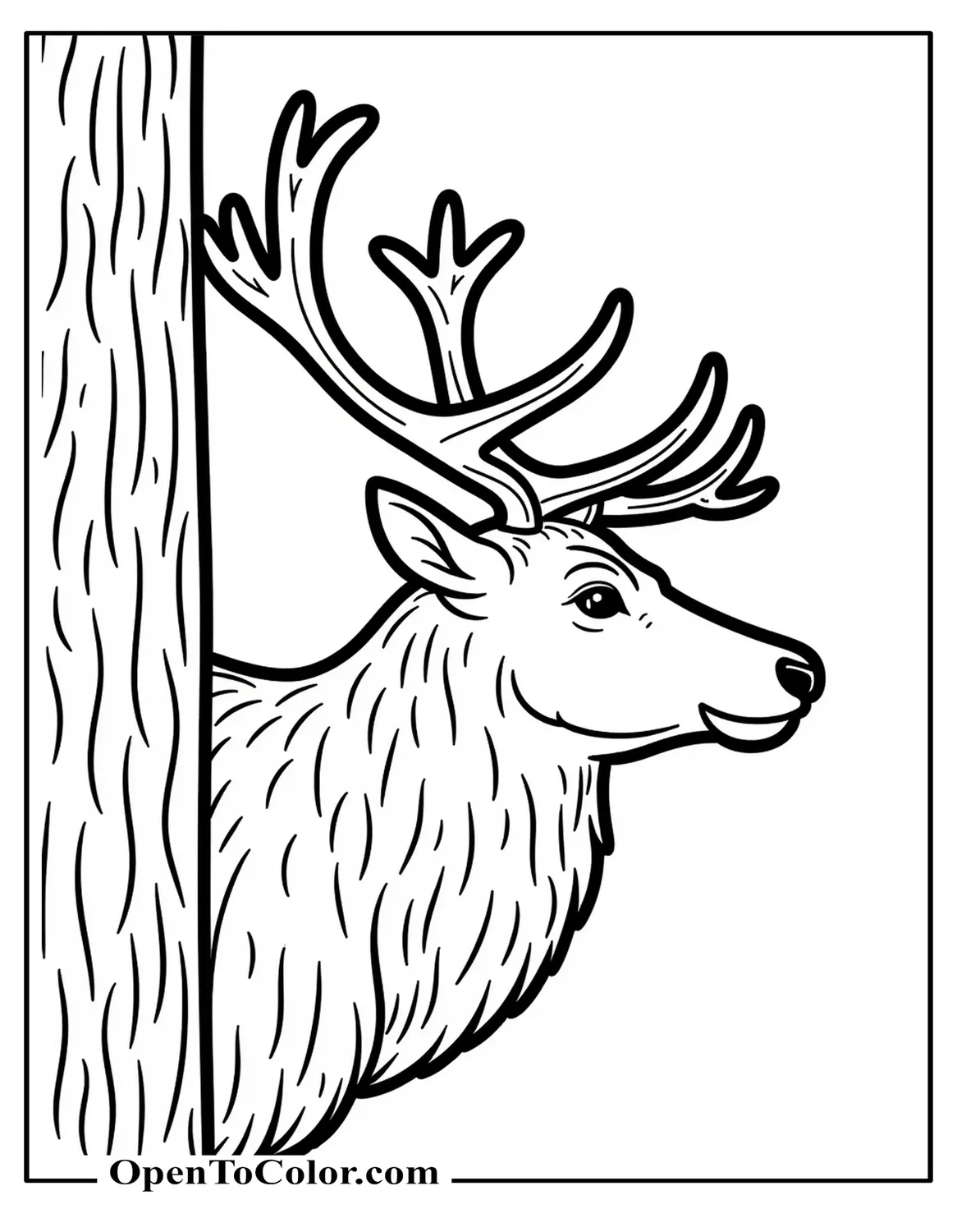 Printable Coloring Page of a Realistic Reindeer Close-Up, Side Angle, Bark Texture