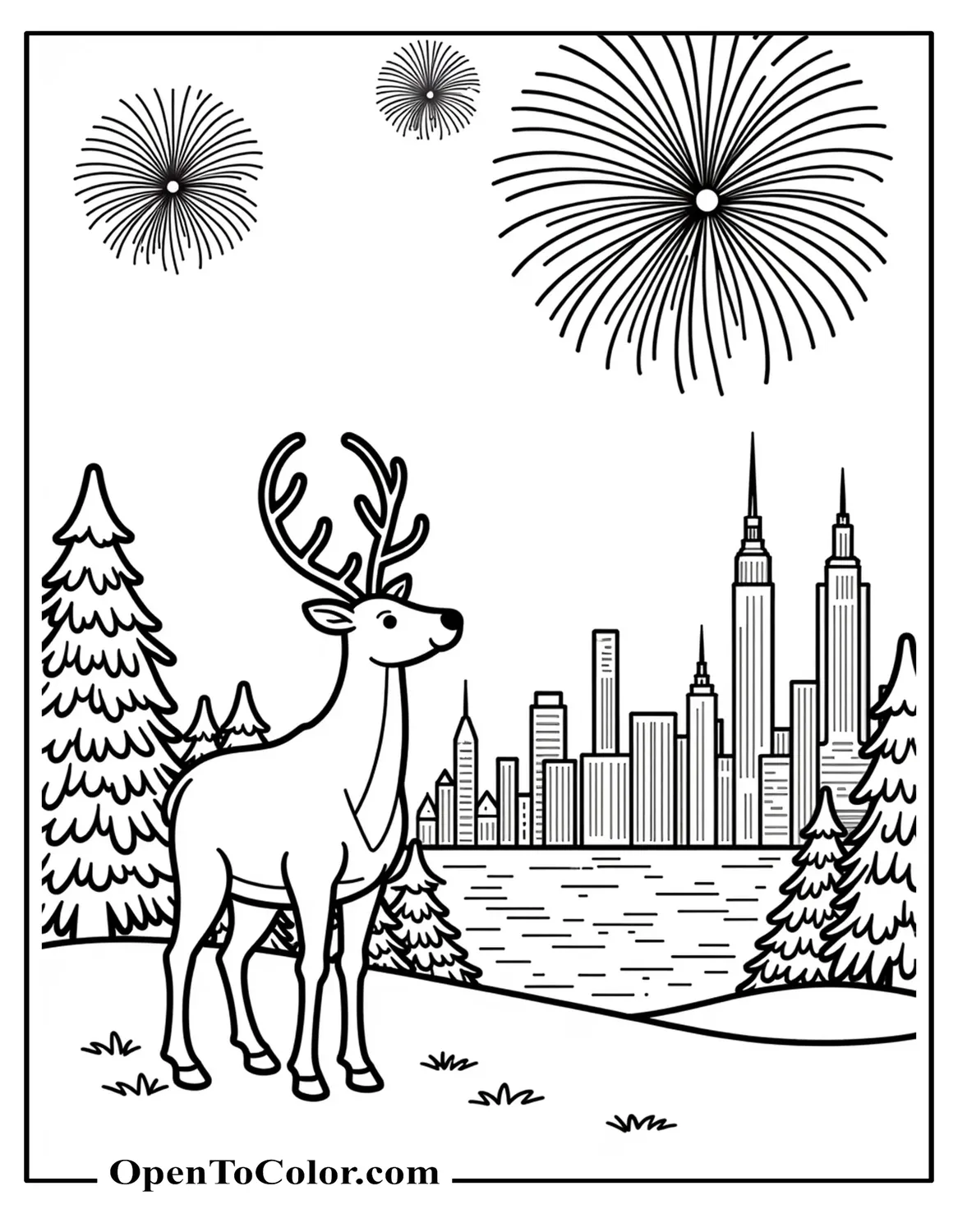Free Coloring Page of Reindeer Looking Up at New Year's Fireworks, City Skyline Outline