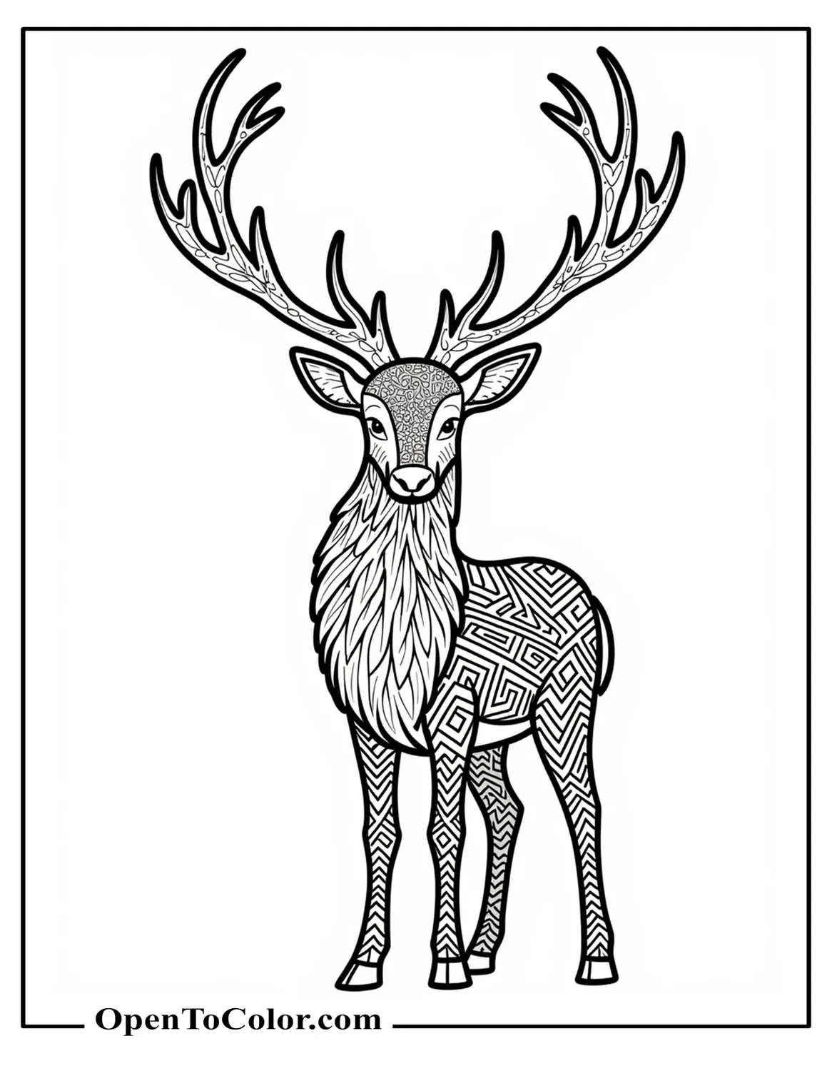 Reindeer With Intricate Geometric Patterns On Body For Adults, Symmetrical Layout, Coloring Sheet PDF