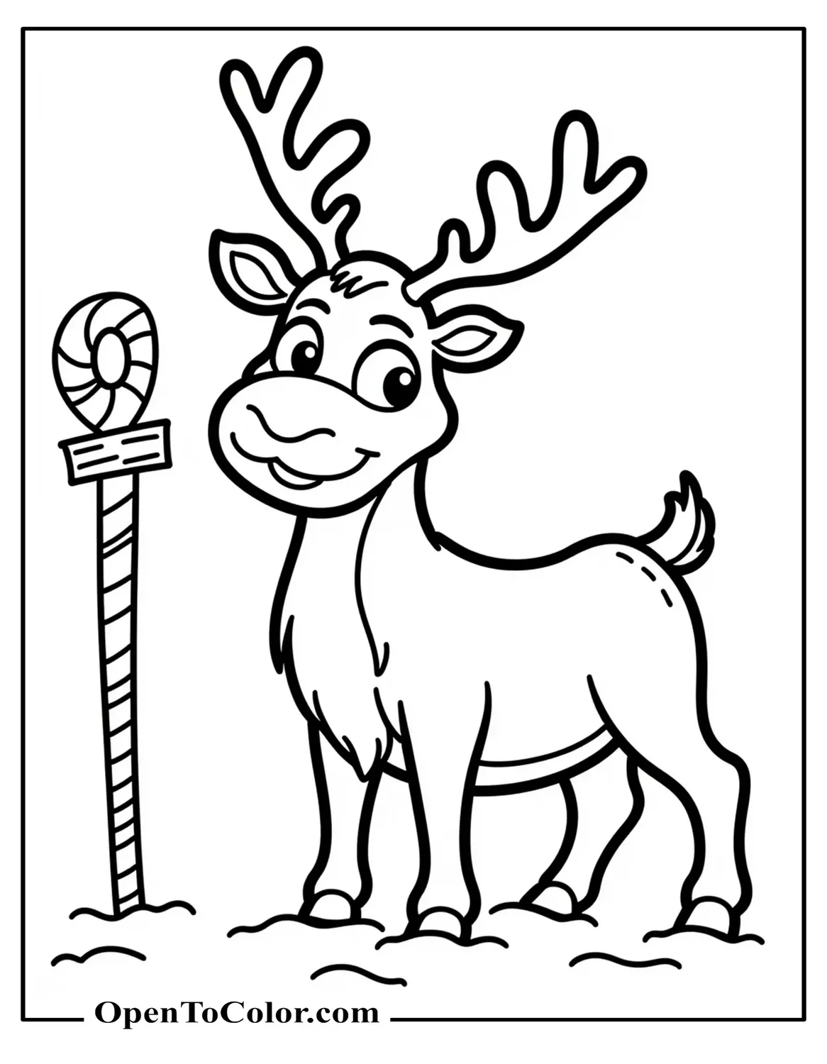 Reindeer waving coloring sheet, big friendly eyes, printable, candy cane signpost behind