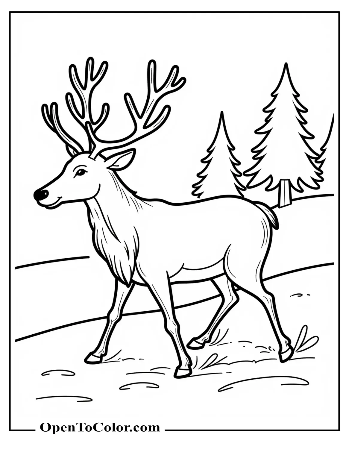 Reindeer trotting in snow, side view, coloring page PDF, pine tree silhouettes in background