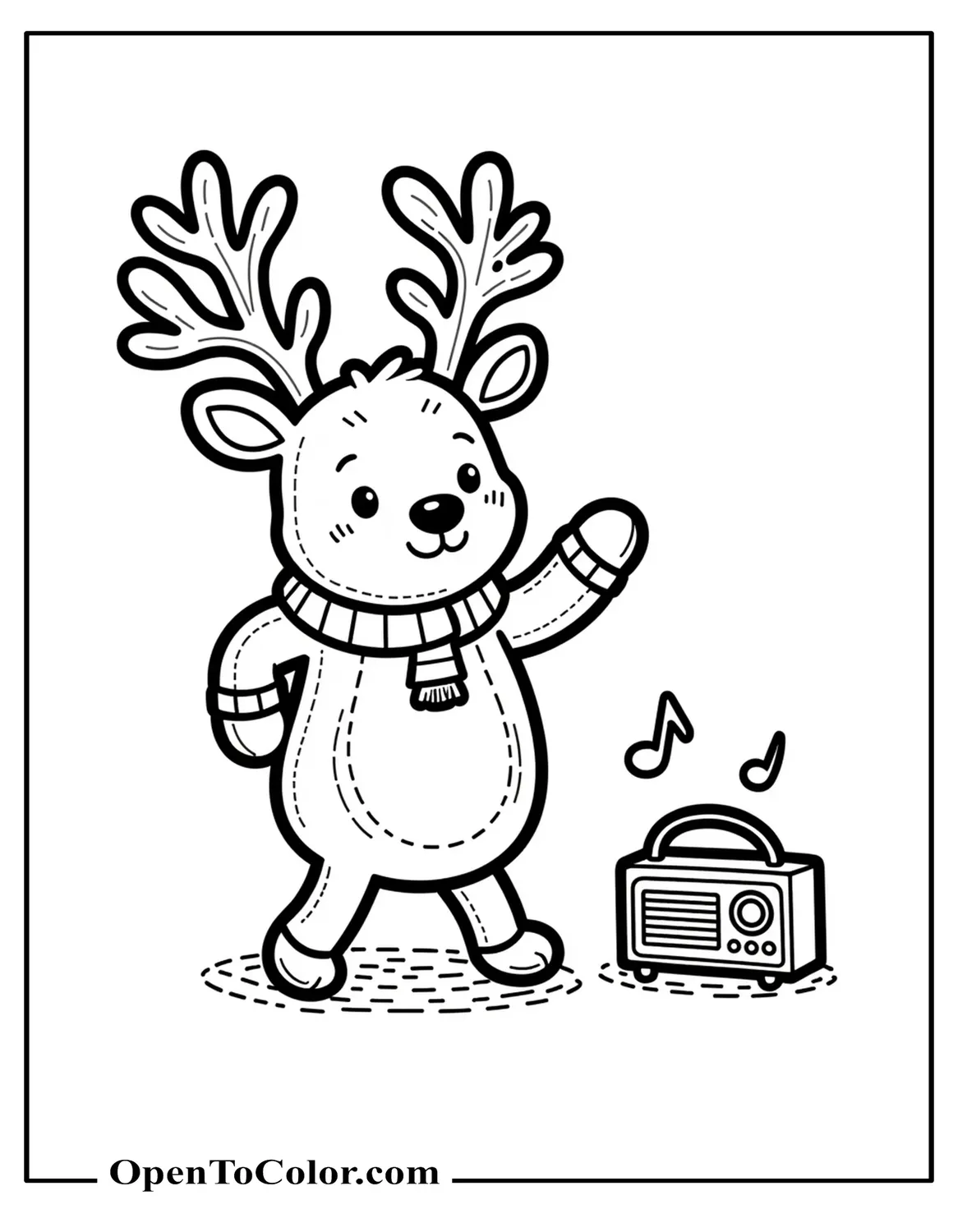 Reindeer Dancing to Music, Little Radio on the Ground with Notes, Printable Coloring Page