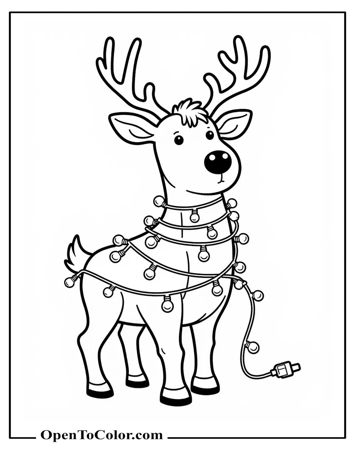 Reindeer Wrapped In String Lights, Looking Surprised, Plug End Dangling, Coloring Page PDF