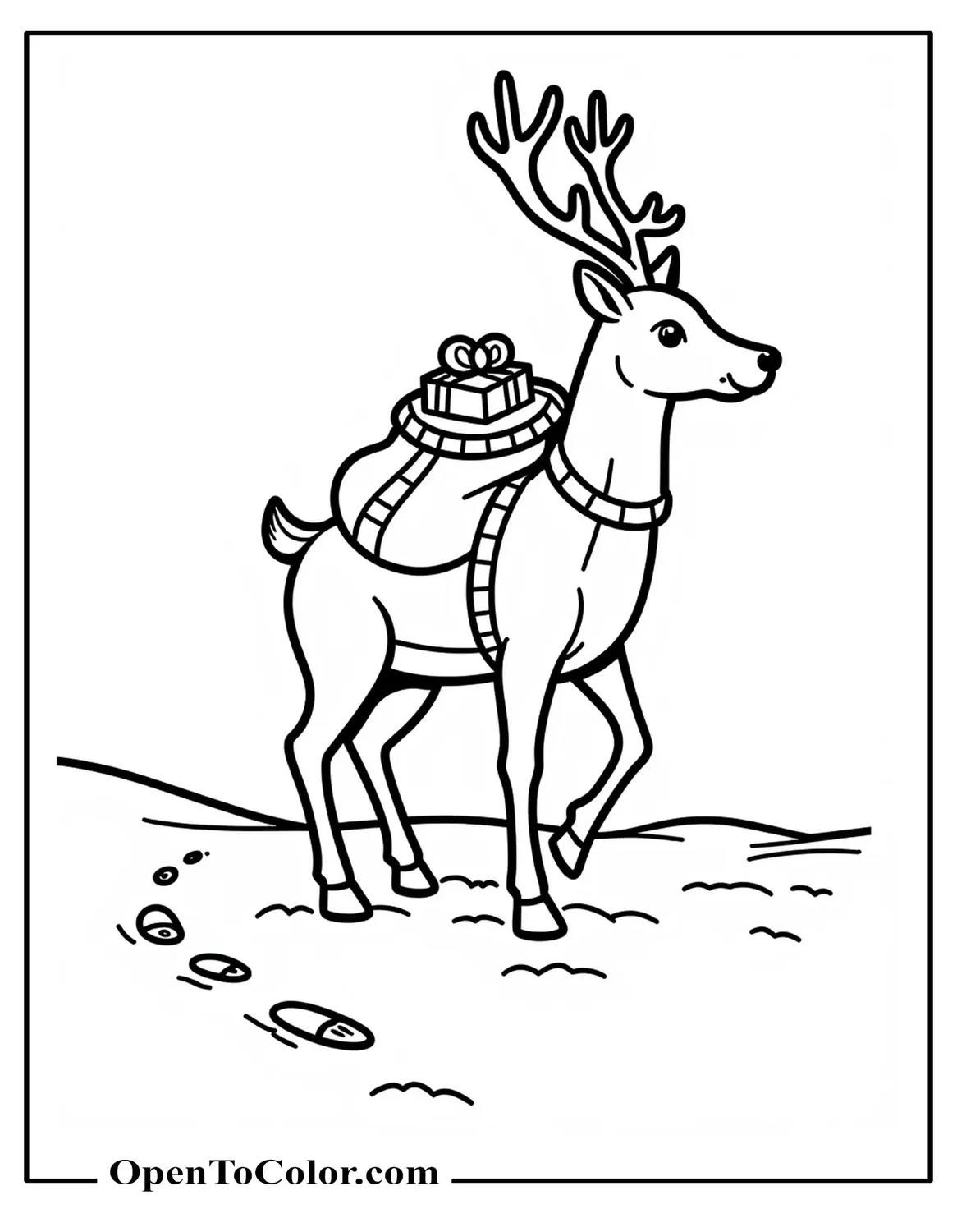 Reindeer Carrying a Sack of Gifts on Back, Coloring Page PDF, Footprints Leading Off