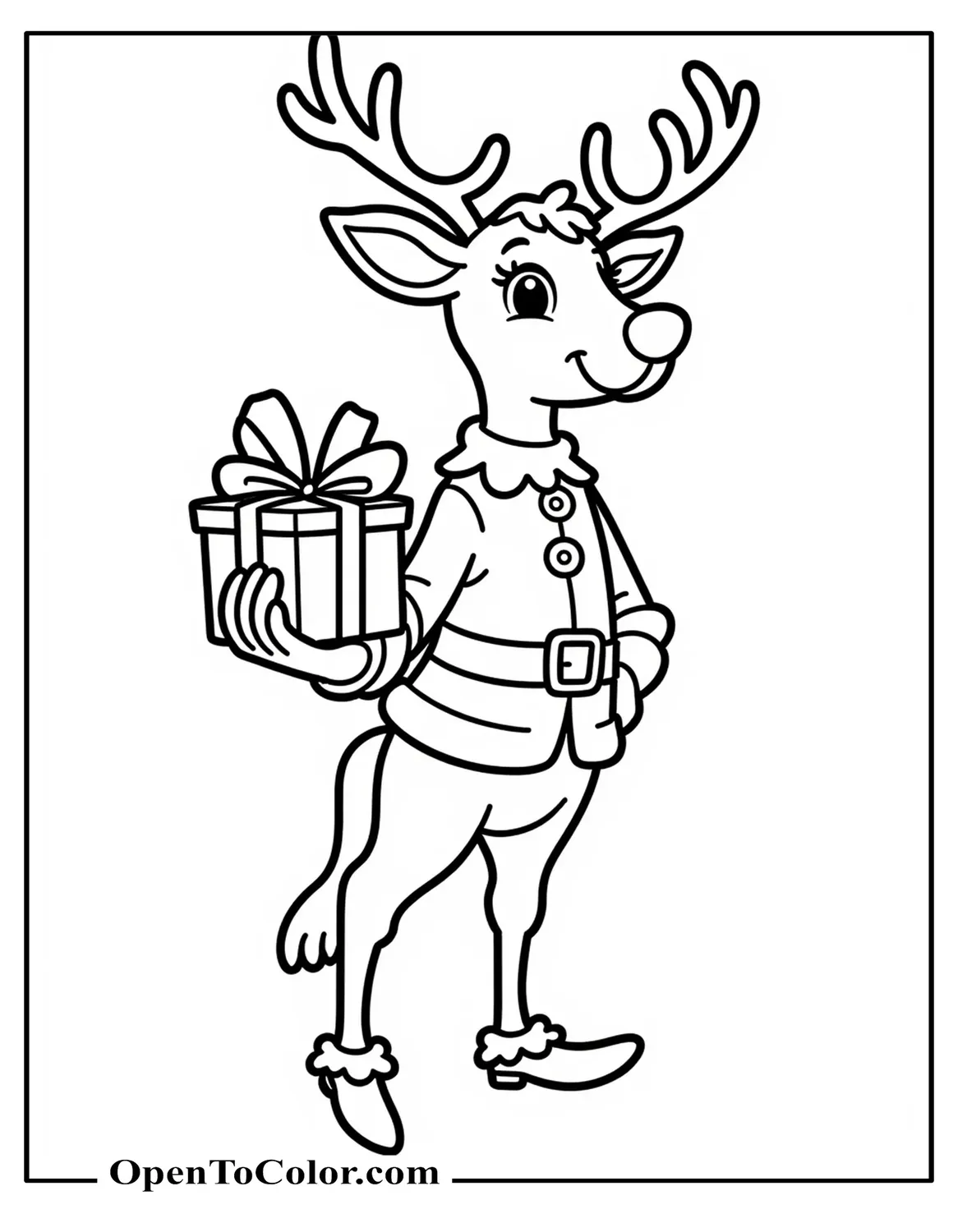 Reindeer Dressed As An Elf, Pointy Shoes And Collar, Gift In Hoof, Coloring Page PDF