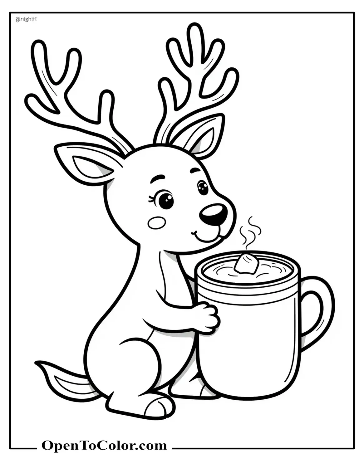 Free Coloring Page: Reindeer Sipping Hot Cocoa from a Big Mug, Marshmallow Floating