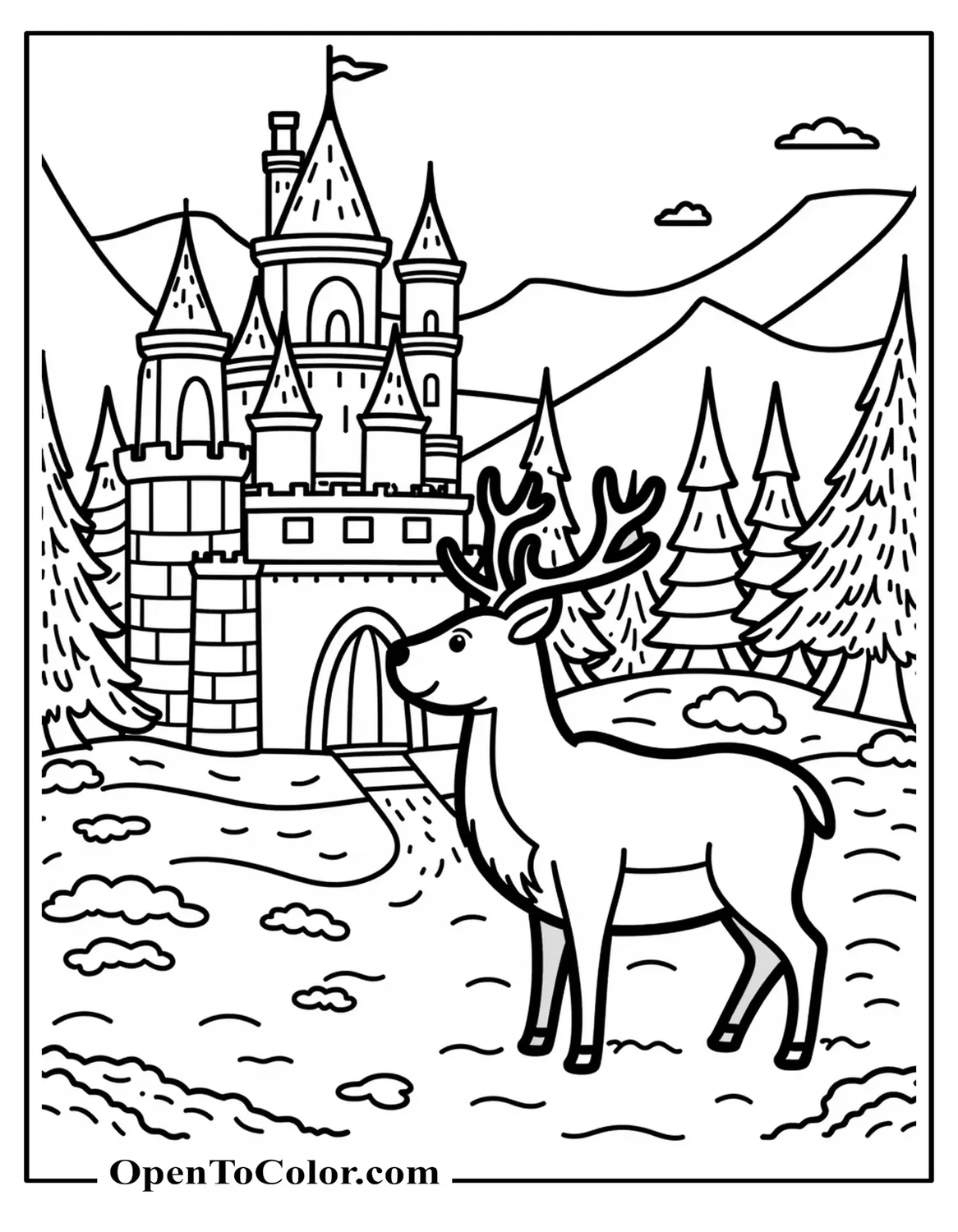 Reindeer exploring a magical winter castle courtyard, banner flags, coloring sheet PDF.