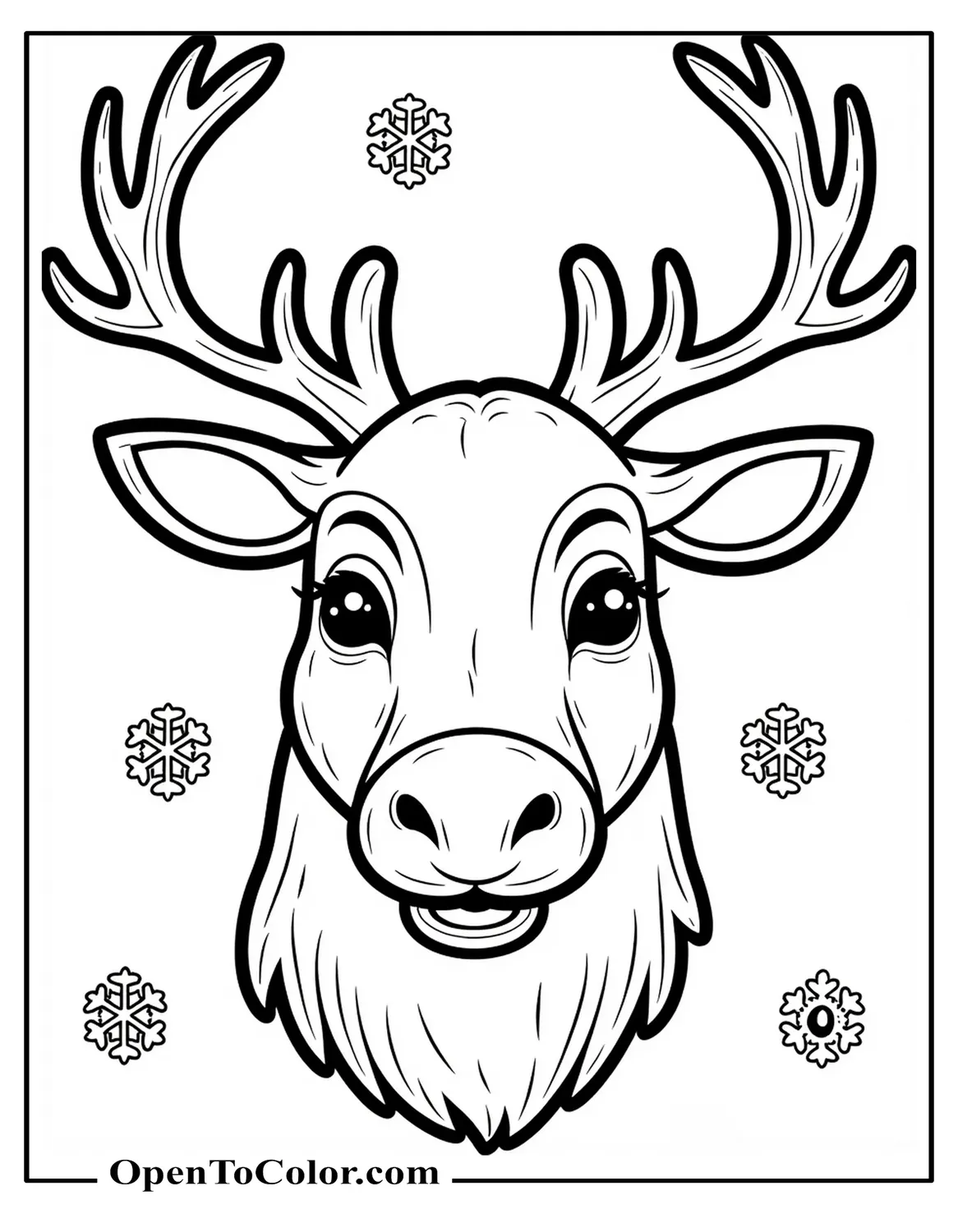 Reindeer face close-up coloring page, forward angle, printable, snowflakes around the muzzle