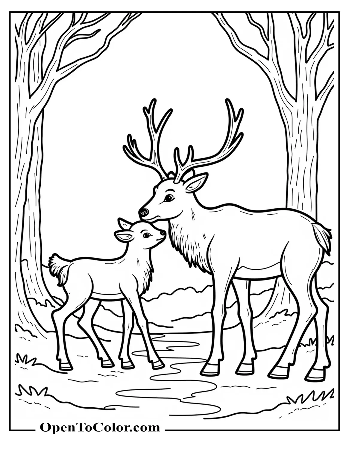 Printable Coloring Page of Reindeer Parent and Calf Nuzzling in a Snowy Forest Path
