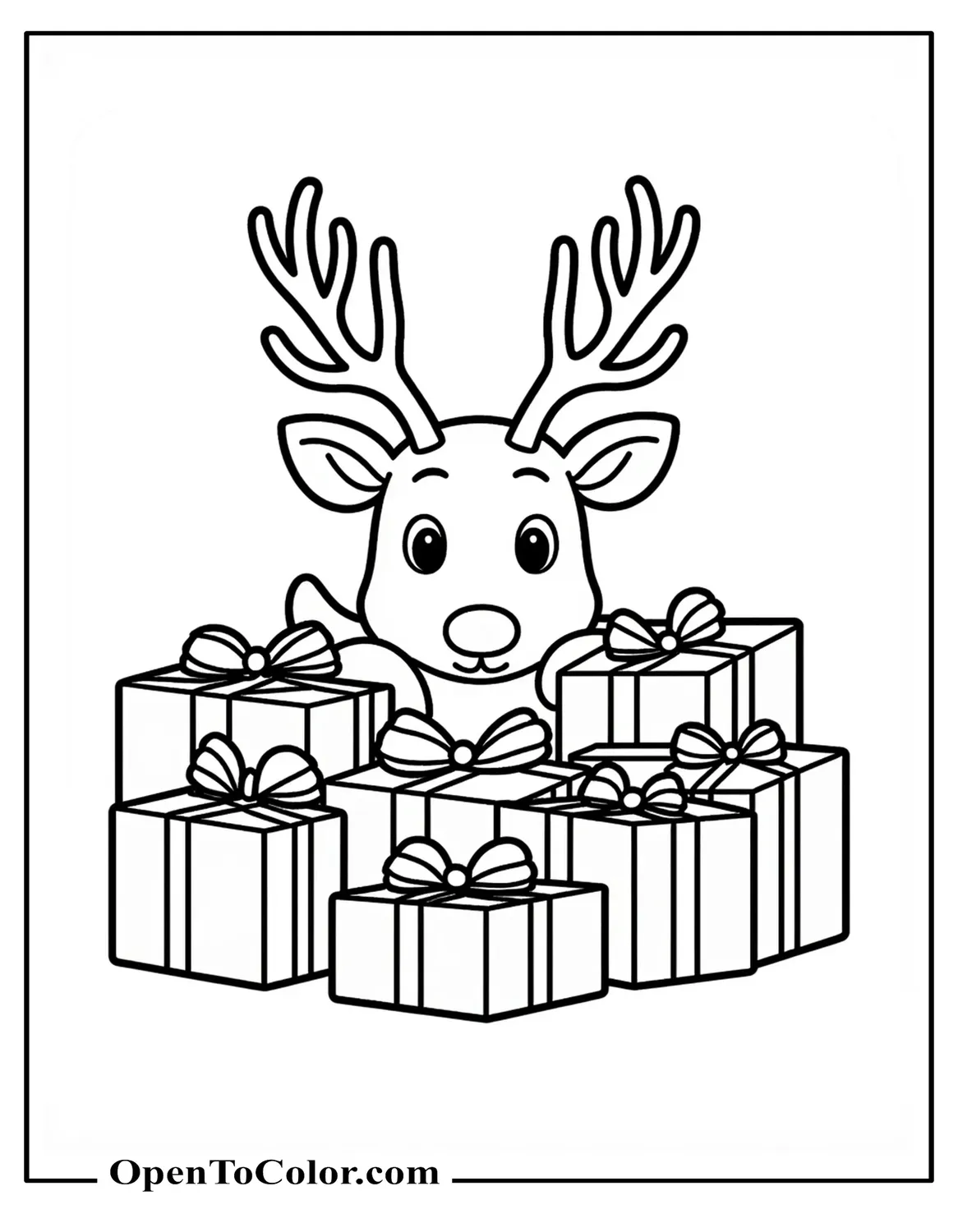 Reindeer hiding in a pile of presents, only antlers and eyes showing, printable coloring page.