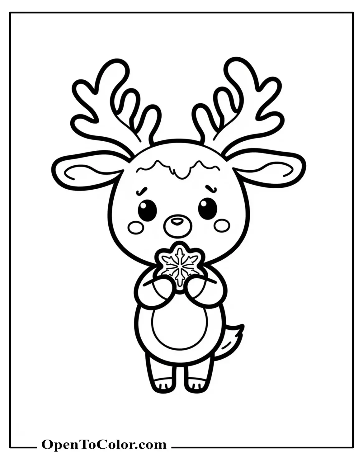 Reindeer in Sanrio style coloring page, tiny limbs, holding a snowflake cookie, PDF.