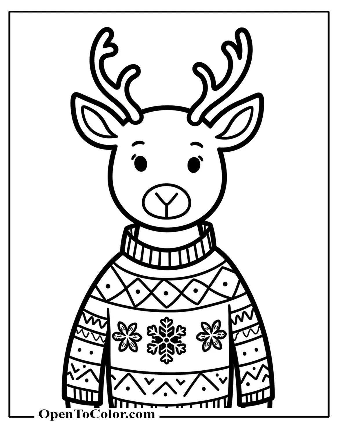 Reindeer Wearing a Patterned Christmas Sweater, Snowflake Motif, Printable Coloring Page