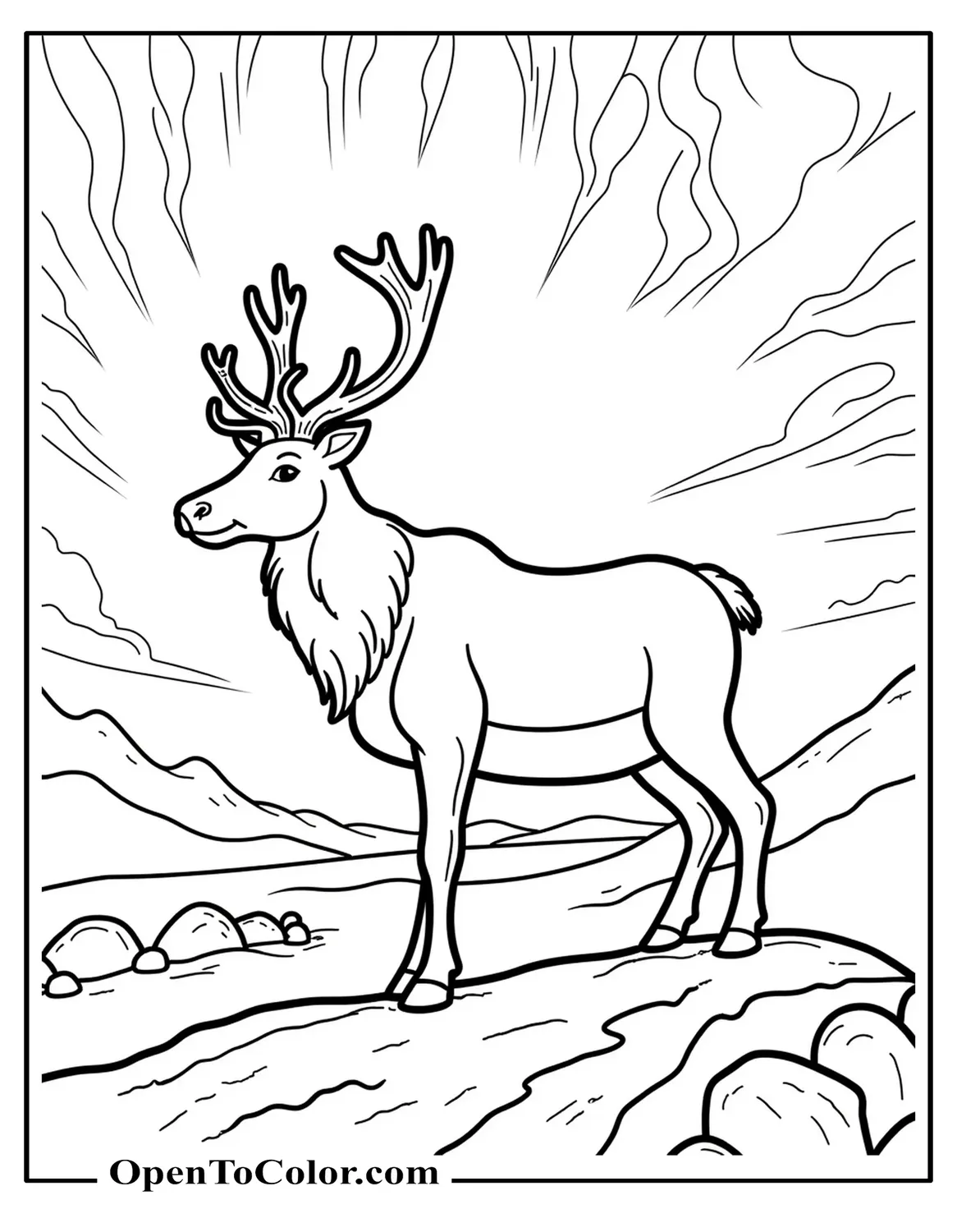 Printable Coloring Sheet of a Reindeer Standing on a Ridge, Northern Lights Ribbons in the Sky