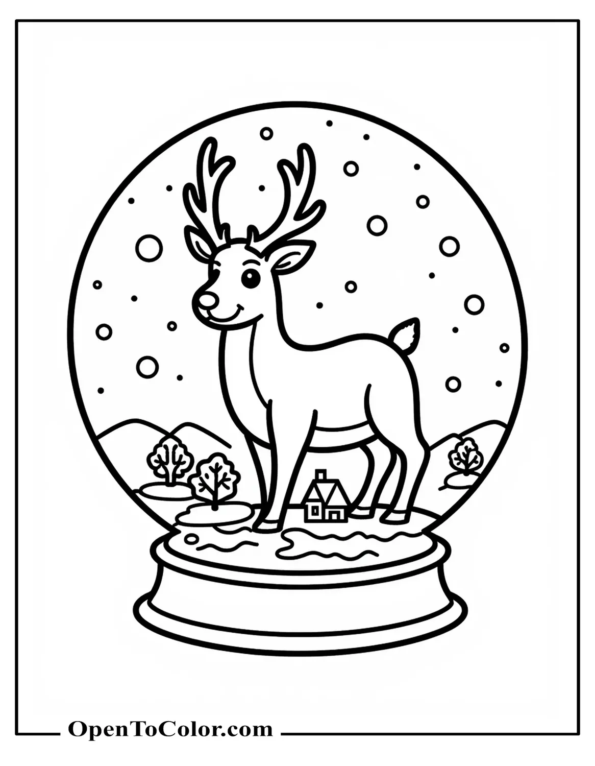 Free Coloring Sheet of Reindeer Inside a Snow Globe on a Stand, Tiny Village Inside Base