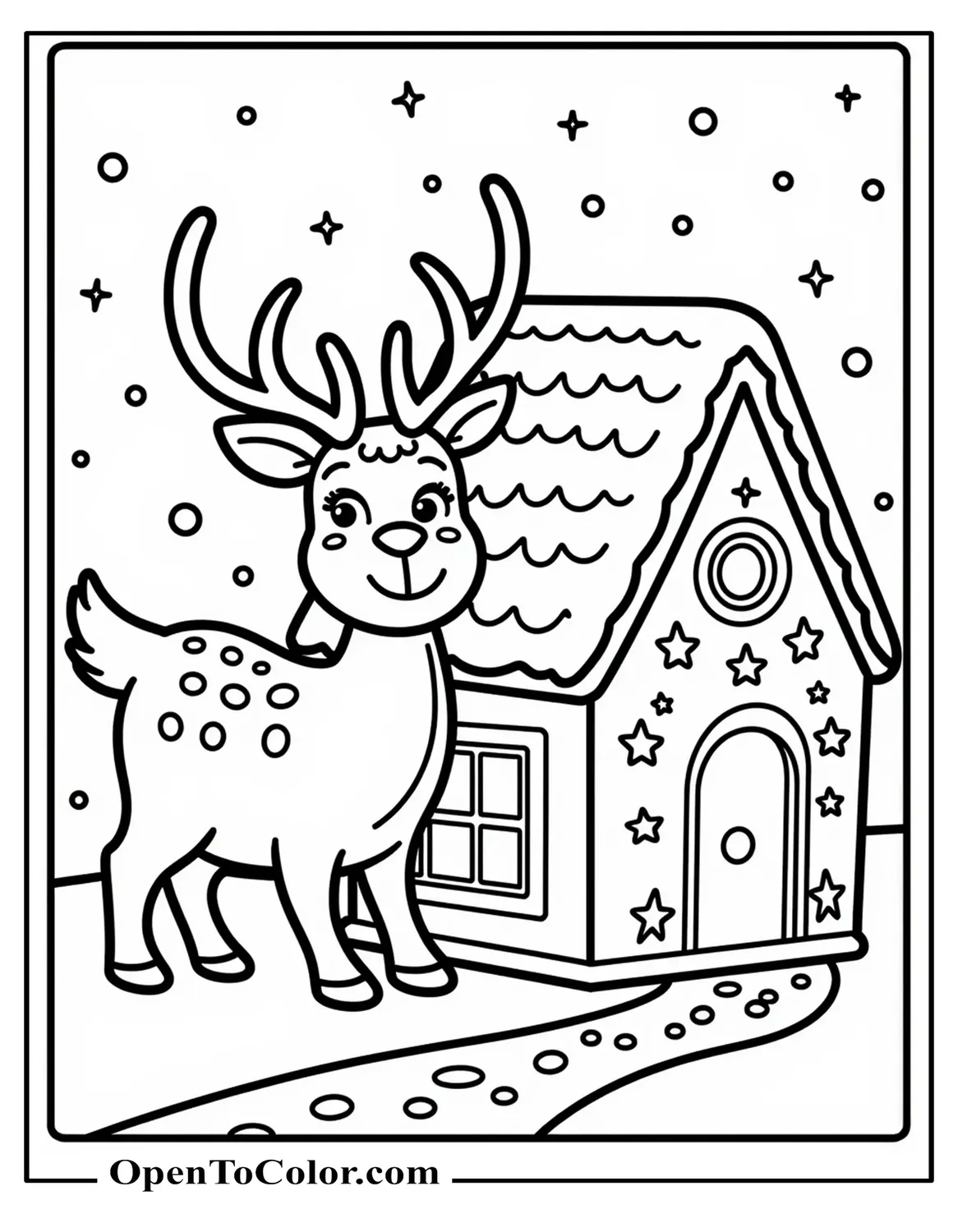 Reindeer Standing Beside A Gingerbread House, Icing Details, Candy Path, Printable Coloring Sheet