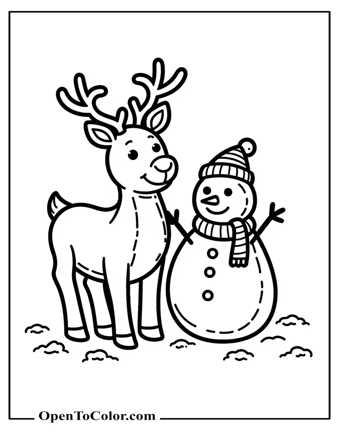 Reindeer standing with a snowman friend, scarf ends crossing, coloring page printable.