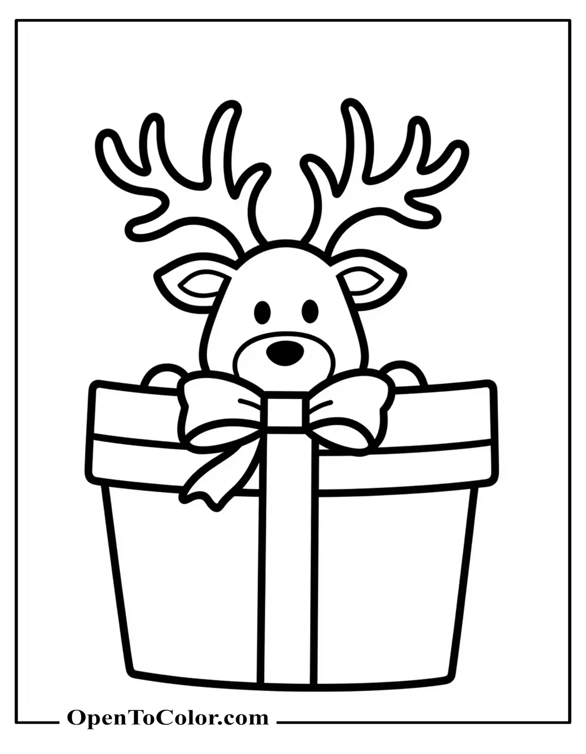 Reindeer peeking over a wrapped present lid, bow on top, coloring page PDF.