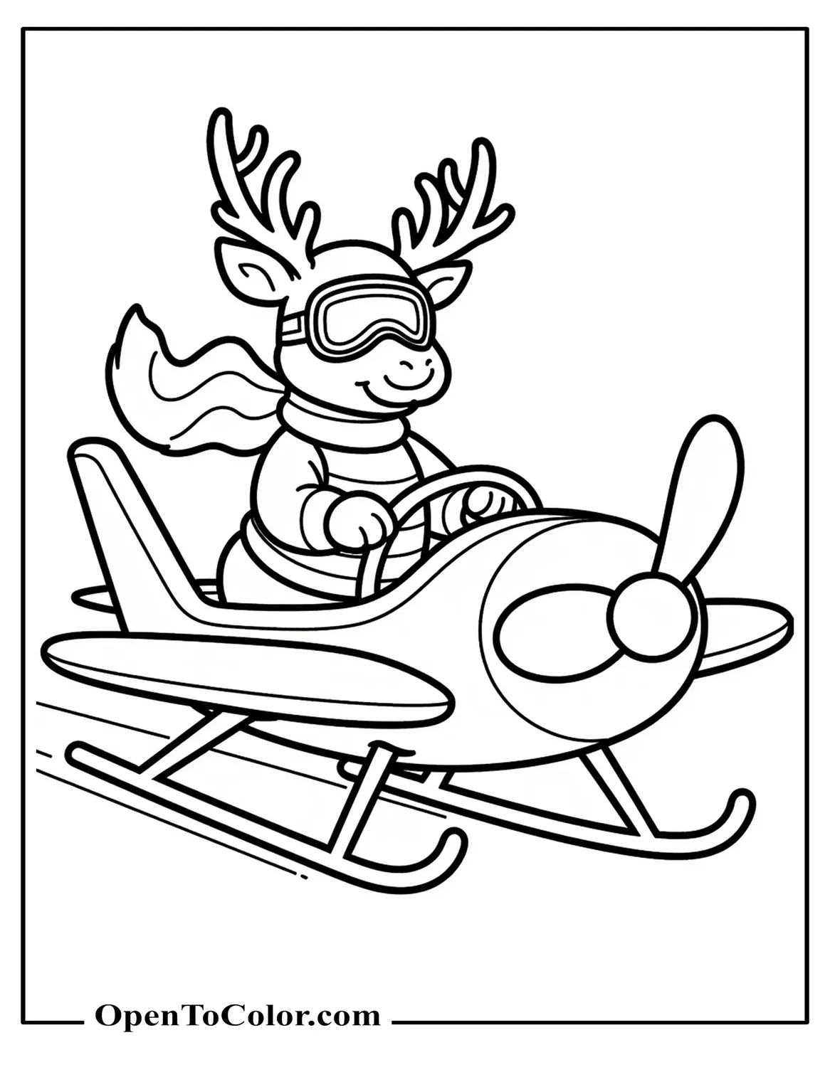 Reindeer Pilot in Goggles Steering a Sleigh-Plane, Propeller Front, Printable Coloring Sheet