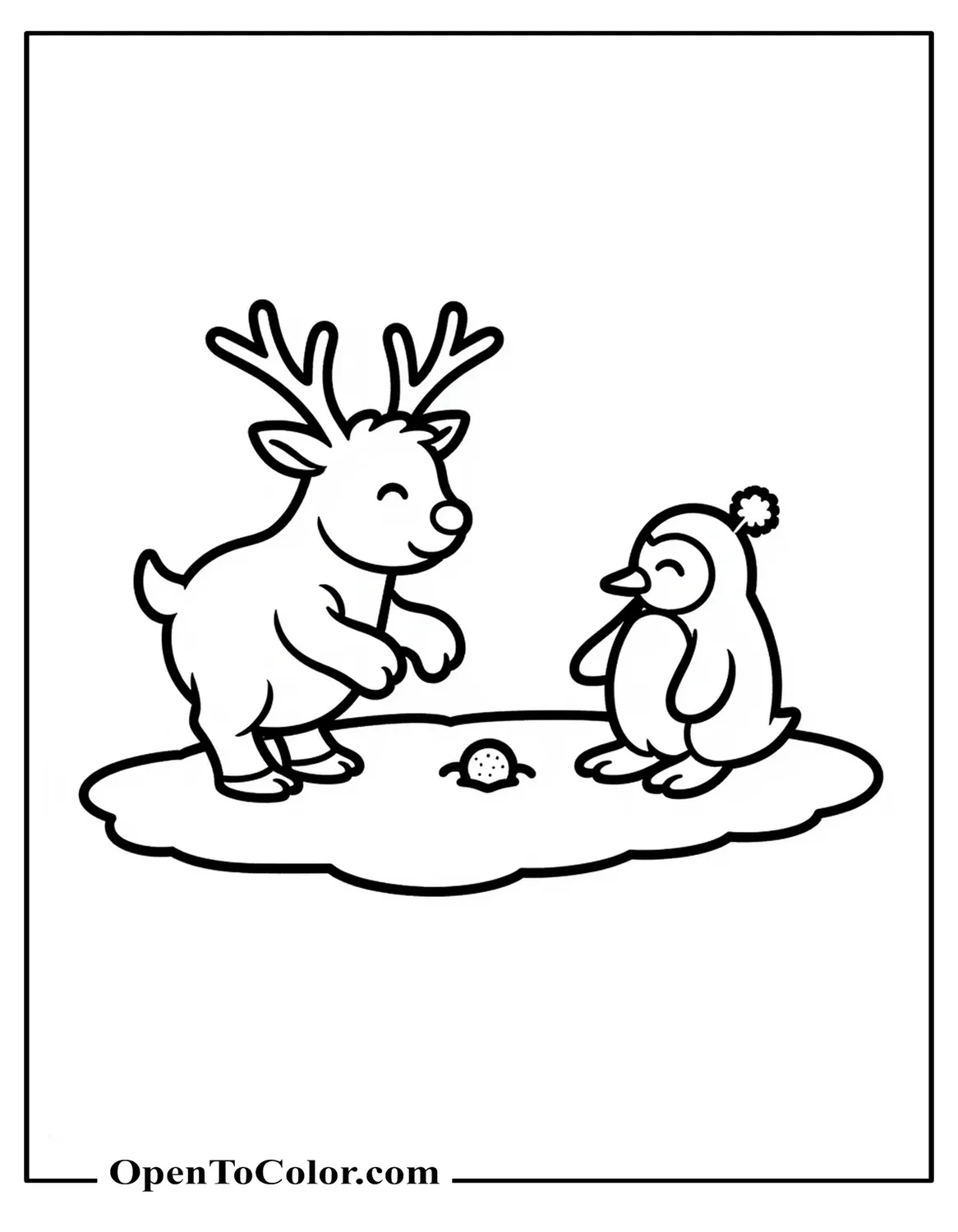 Reindeer and penguin playing catch with a snowball, tiny ice floe, coloring sheet PDF.