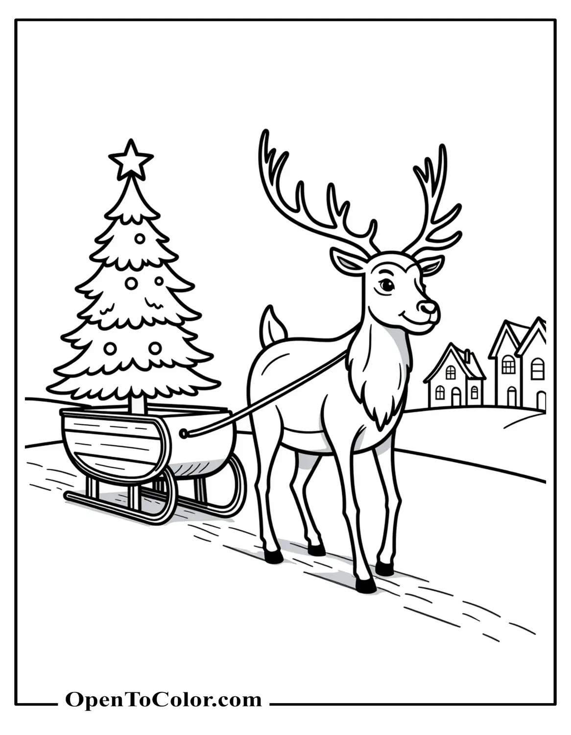 Reindeer Pulling A Christmas Tree On A Sled, Coloring Sheet PDF, Simple Houses Far Behind