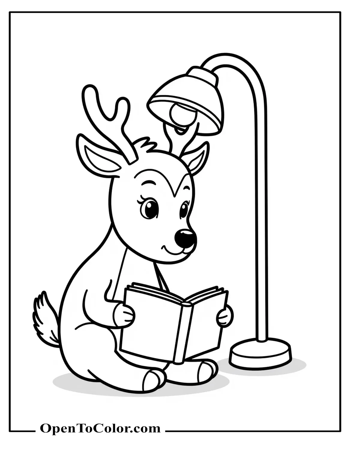 Reindeer sitting under a lamp, reading a Christmas storybook, coloring sheet PDF.