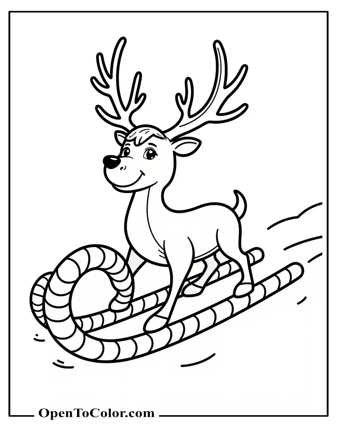 Reindeer riding a giant candy cane like a sled, curved trail line, coloring page PDF.