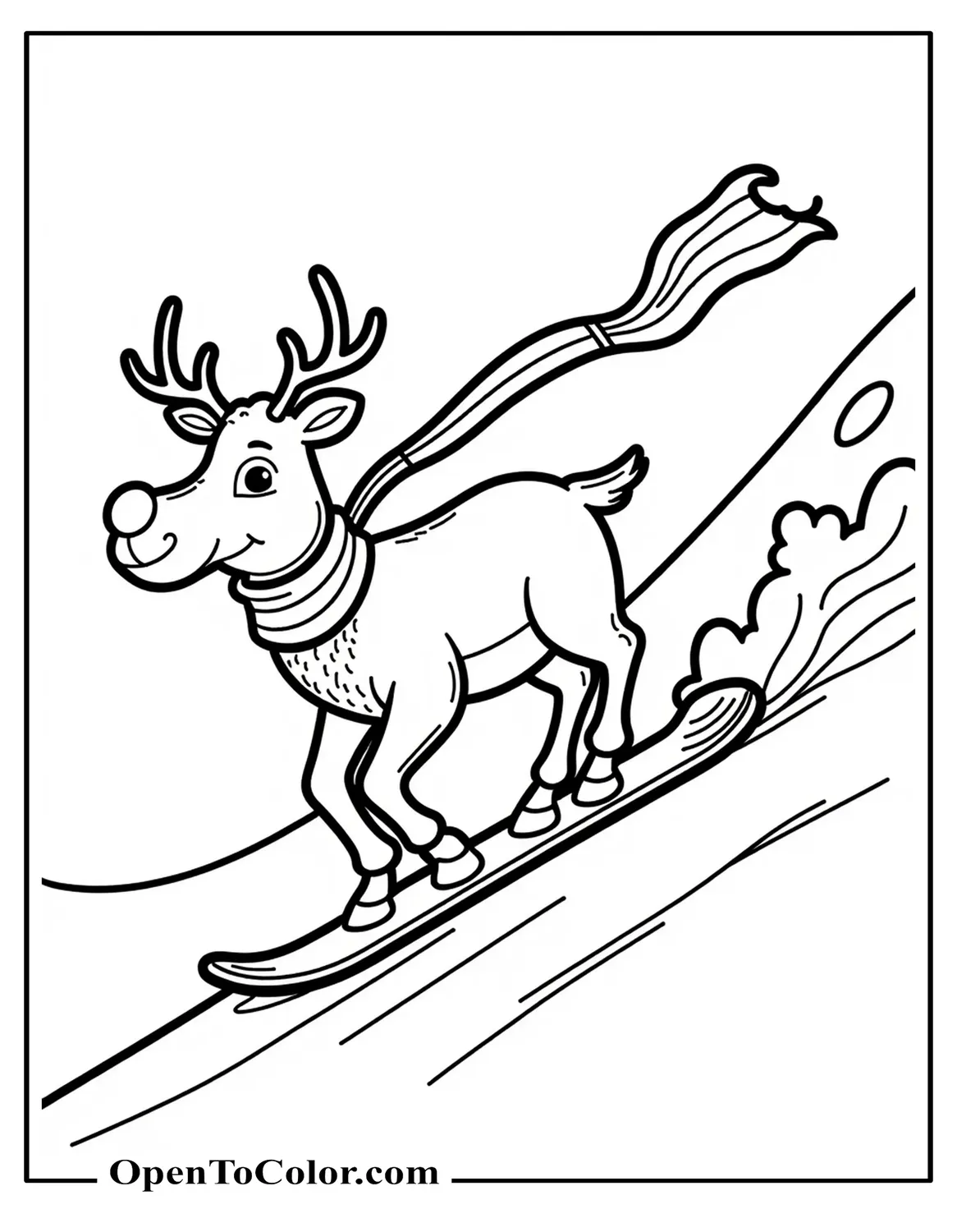 Free Coloring Page of a Reindeer Riding a Snowboard Down a Gentle Hill, Scarf Trailing