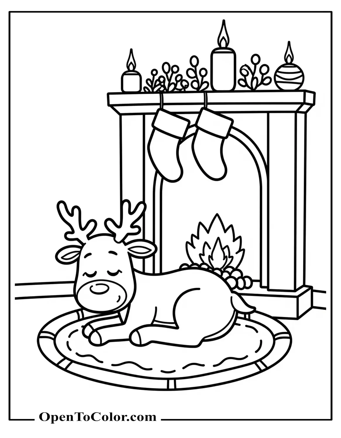 Free Coloring Sheet of Reindeer Sleeping on a Rug Next to a Fireplace, Stocking on Mantle