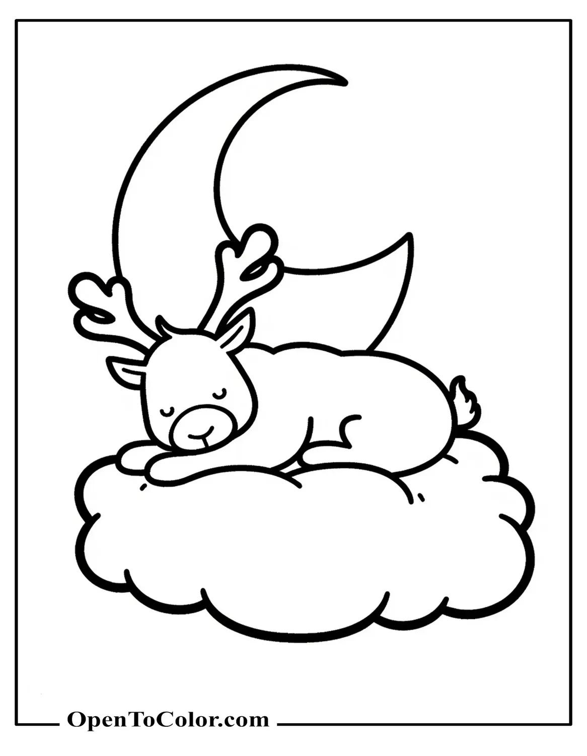 Printable Coloring Sheet: Reindeer Napping on a Fluffy Cloud, Crescent Moon Overhead
