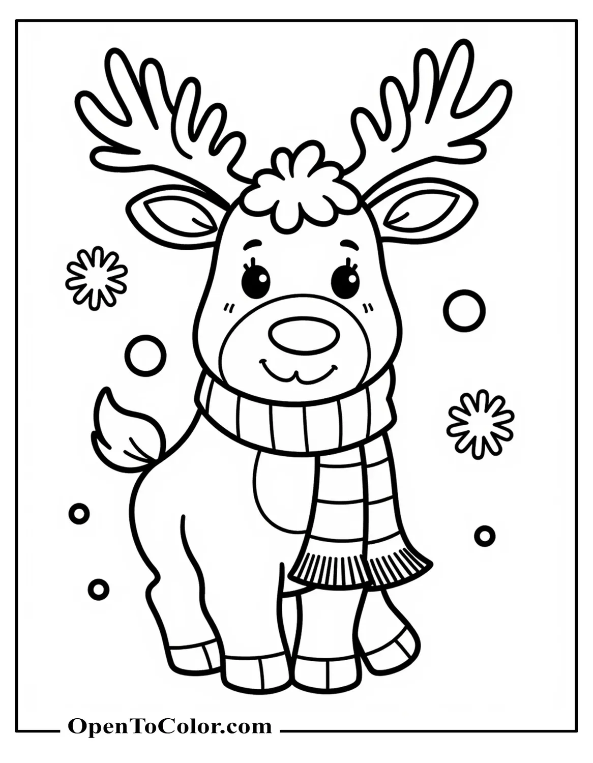 Free Coloring Page of Reindeer Wearing a Festive Scarf, Wind Swirls, and Two Snowflakes